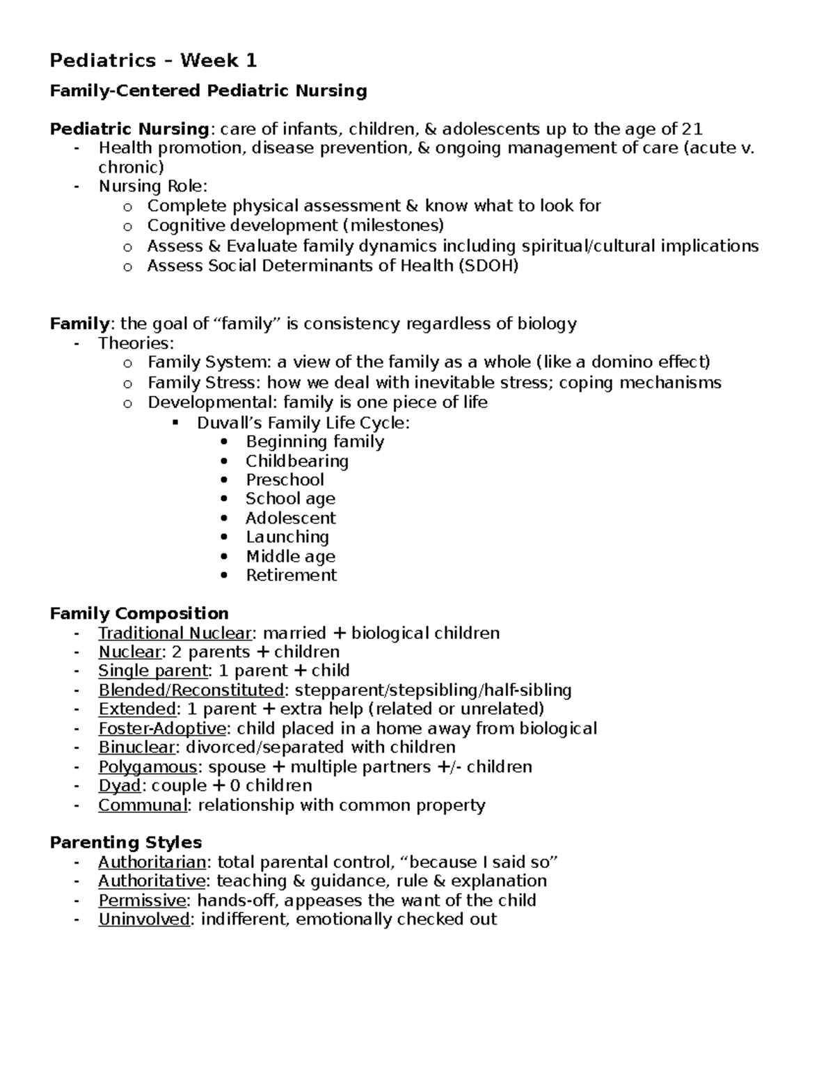 Peds Notes Week 1 - Family-Centered Pediatric Nursing Pediatric Nursing ...