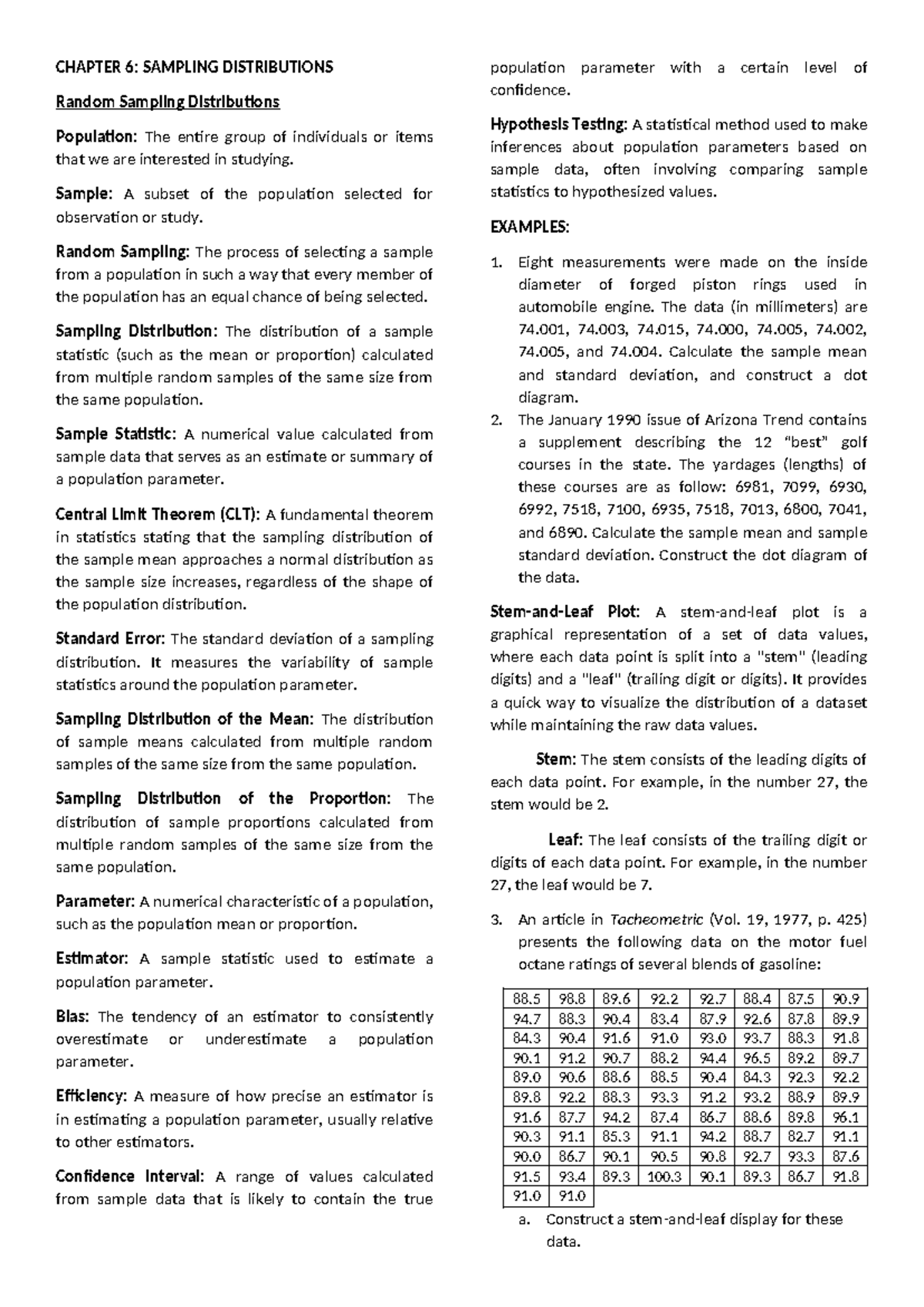 CHAPTER 6: SAMPLING DISTRIBUTIONS & CENTRAL LIMIT THEOREM - Studocu