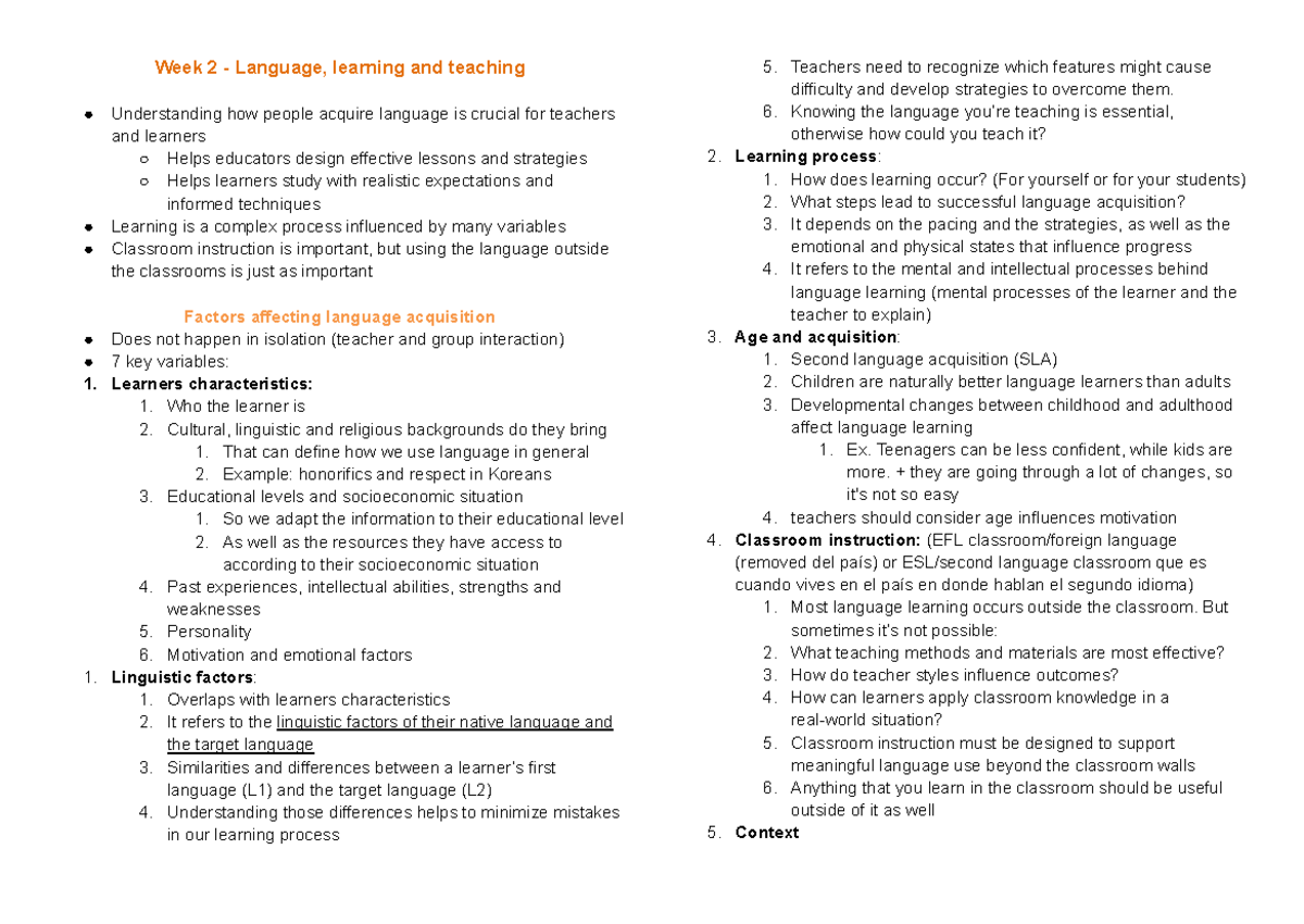 Week 2 Language Acquisition Strategies: Understanding Key Factors - Studocu