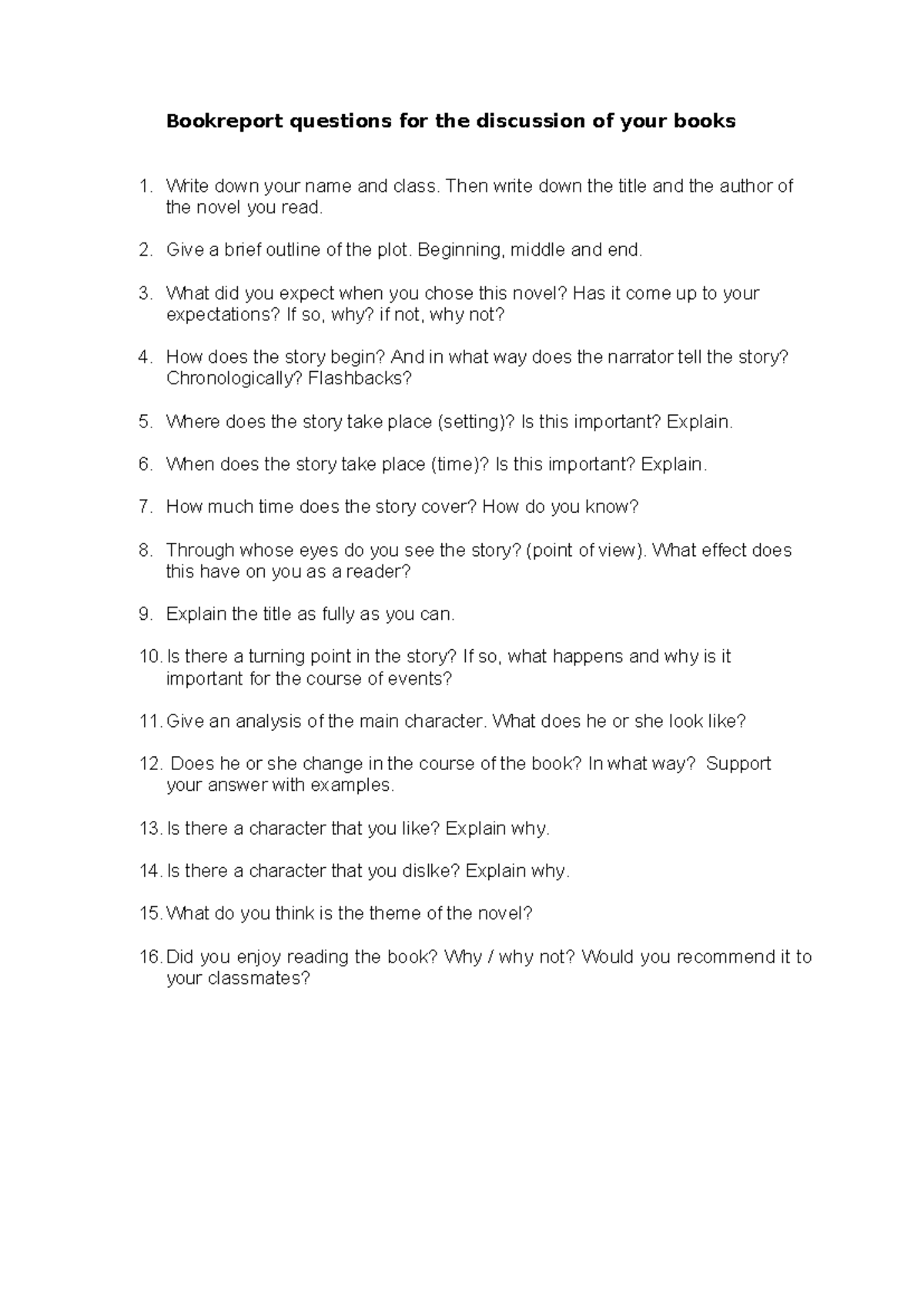 Book Report Questions for Discussion of Novels (ENG101) - Studeersnel