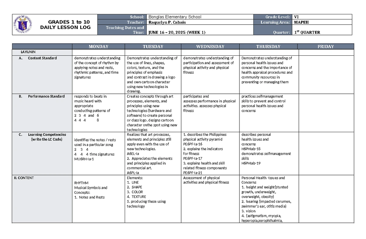 DLL ESP 6 Q1 W1: Daily Lesson Log for Grade 6 ESP - Studocu
