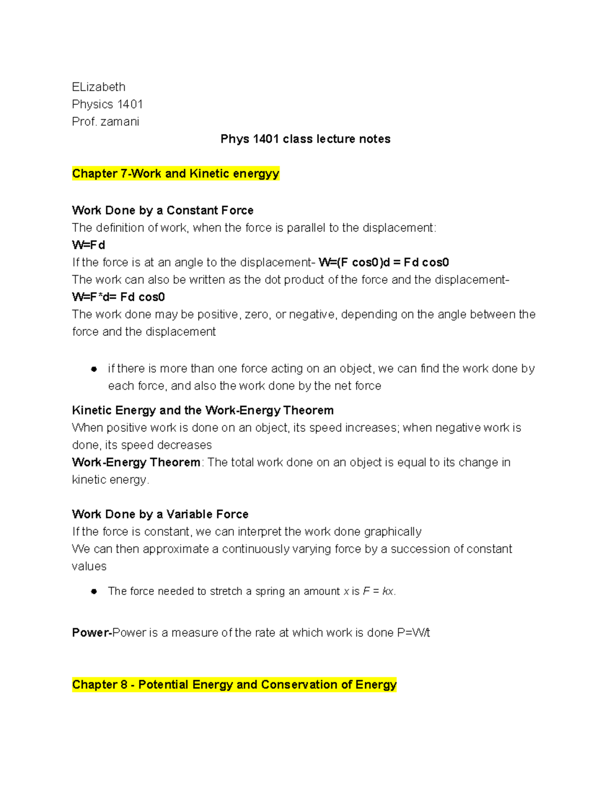 Phys 1401 ch - Lecture notes 7-12 - ELizabeth Physics 1401 Prof. zamani ...