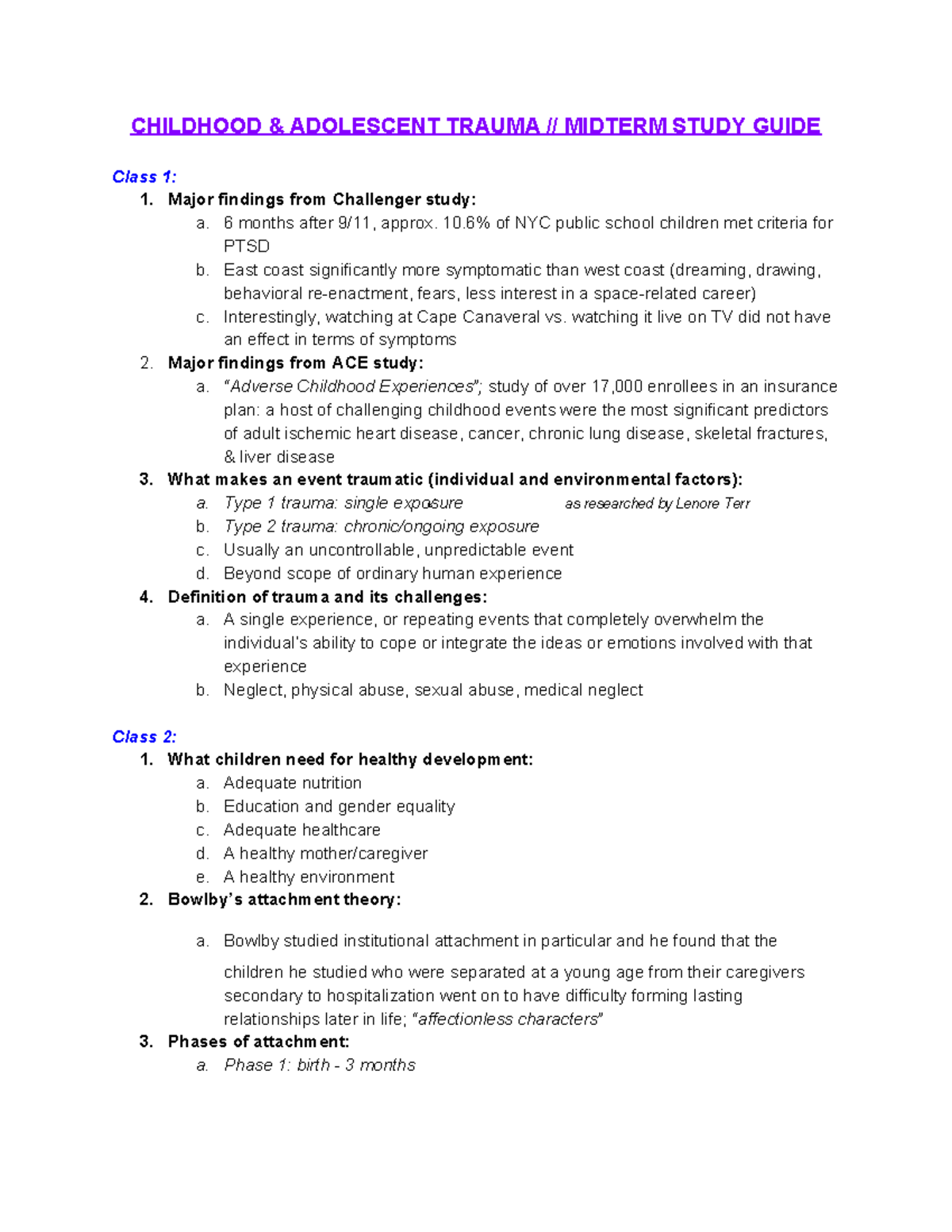 CHILDHOOD & ADOLESCENT TRAUMA: MIDTERM STUDY GUIDE - Studocu