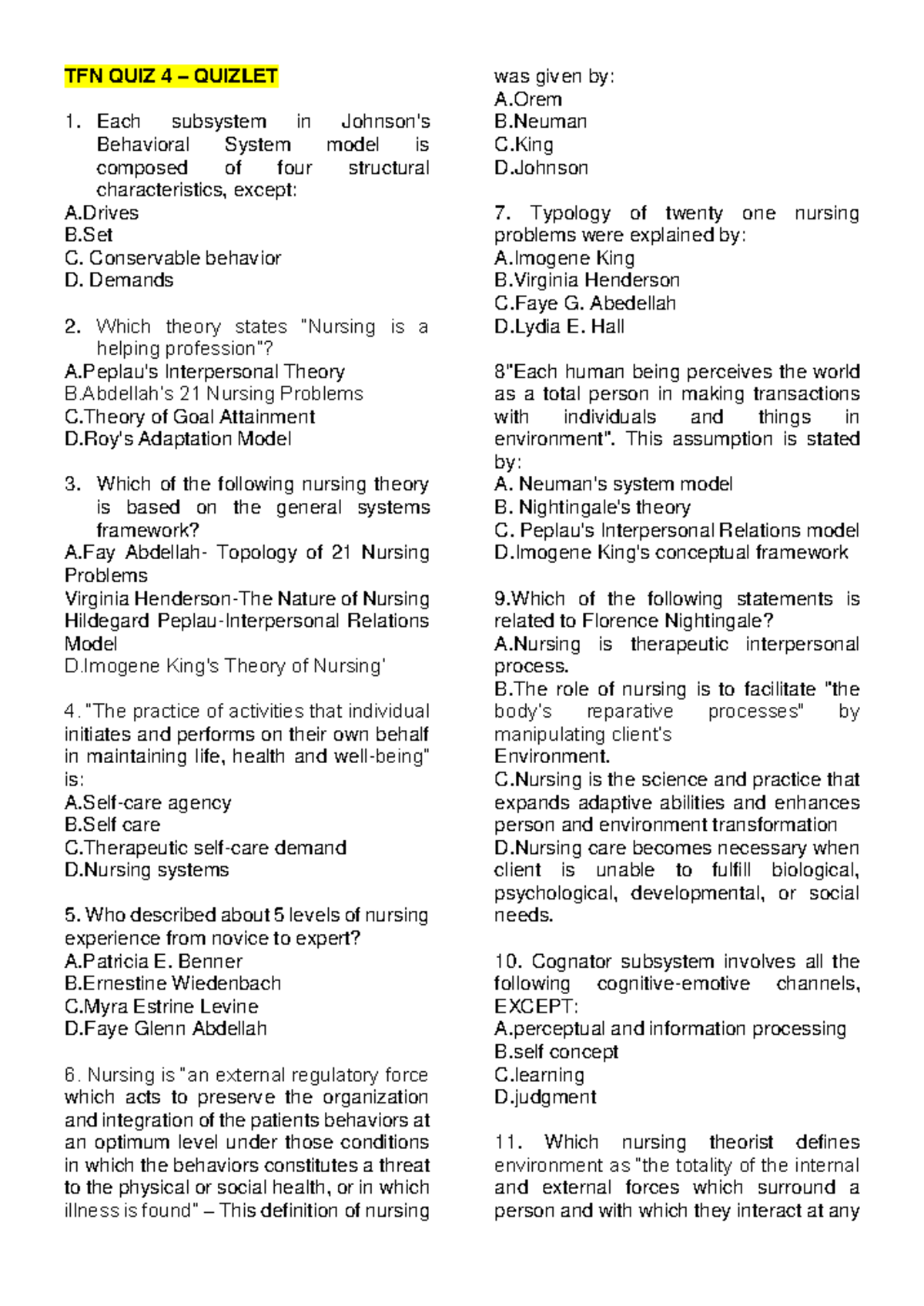 TFN TEST Quizlet - TFN QUIZ 4 – QUIZLET Each subsystem in Johnson's ...
