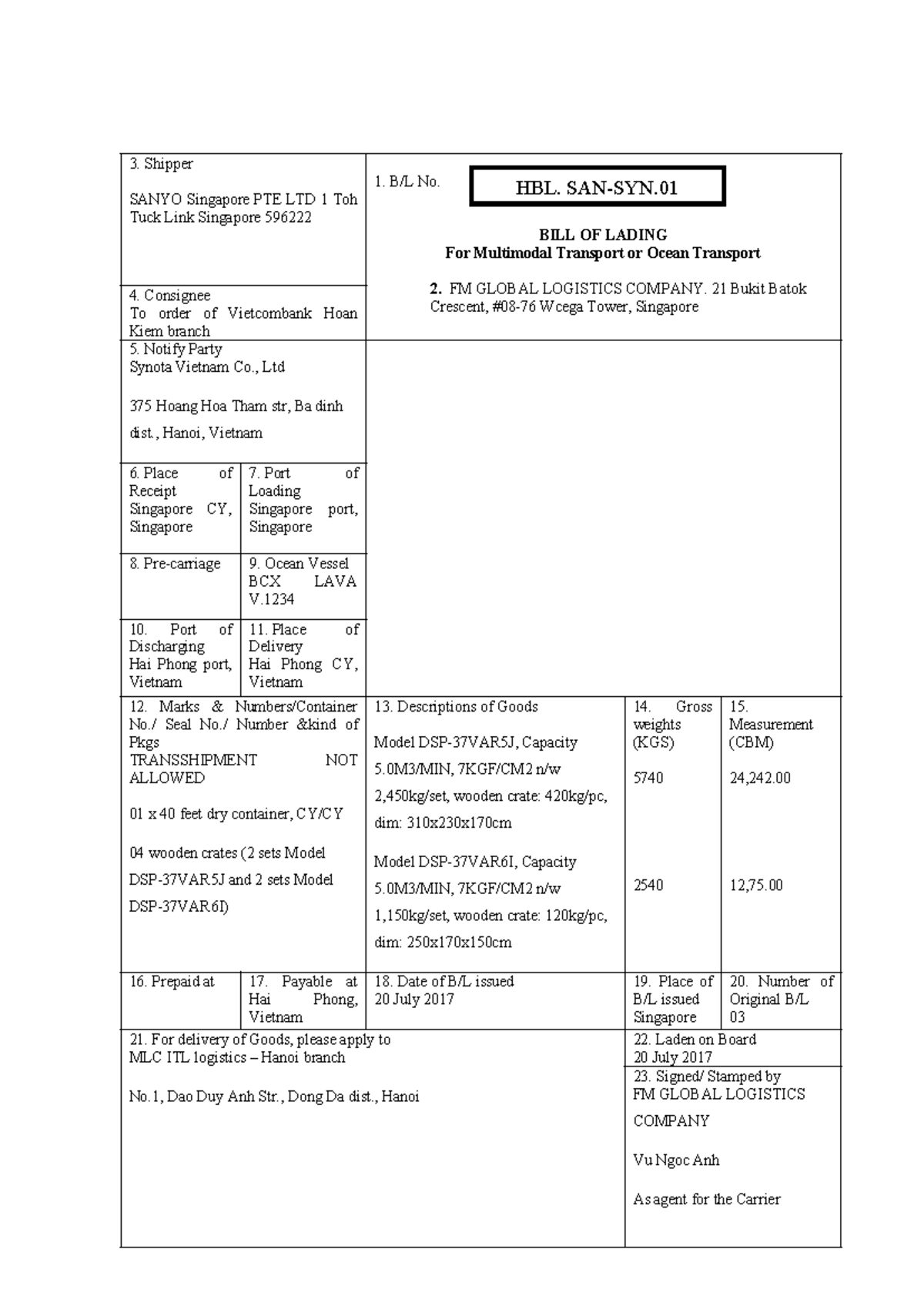 HBL & MBL Practice Document for Multimodal Transport - Studocu