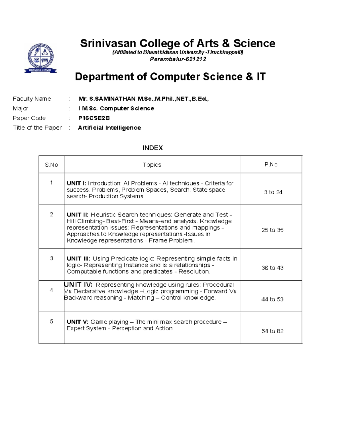 Artificial Intelligence Study Notes for P16CSE2B - I M. Computer ...