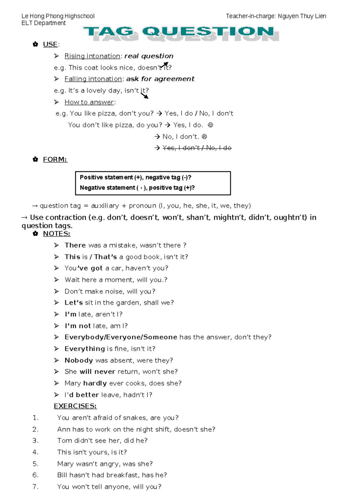 TAG Questions (ELT 101) - Student's Version Notes & Exercises - Studocu