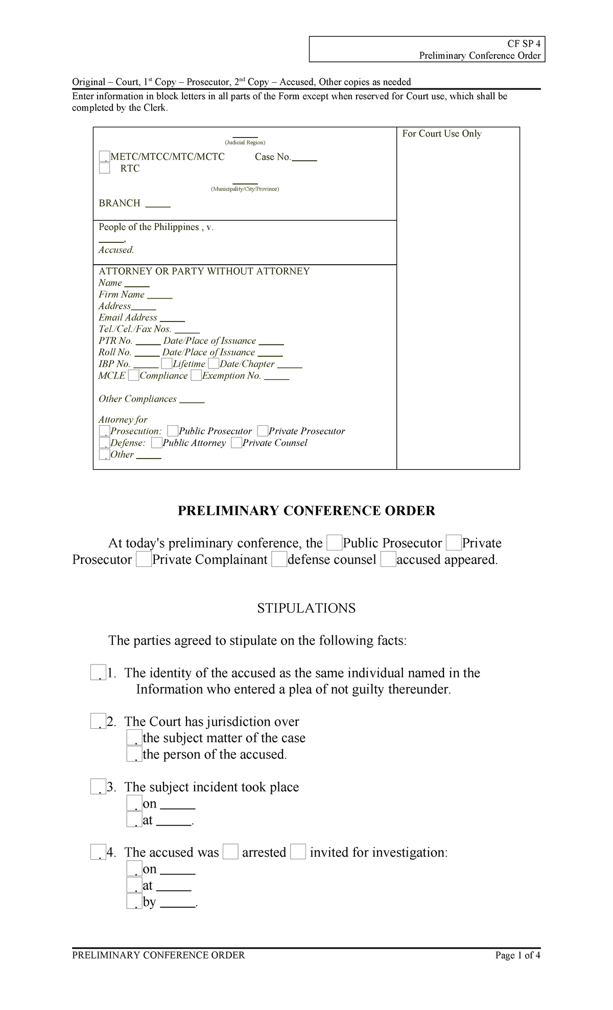 CF SP 4 Preliminary Conference Order: Guidelines and Stipulations - Studocu