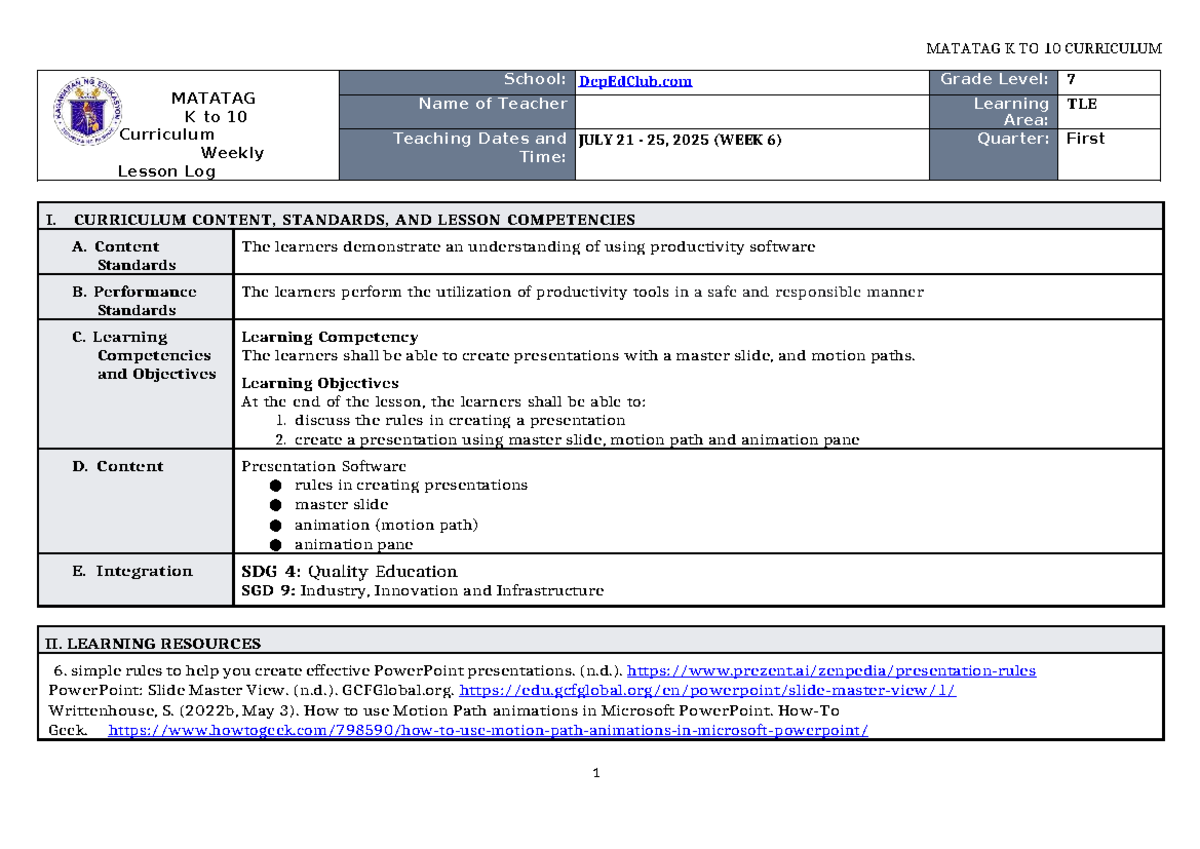 DLL Matatag TLE 7 Q1 W6: Weekly Lesson Log on Presentation Skills - Studocu