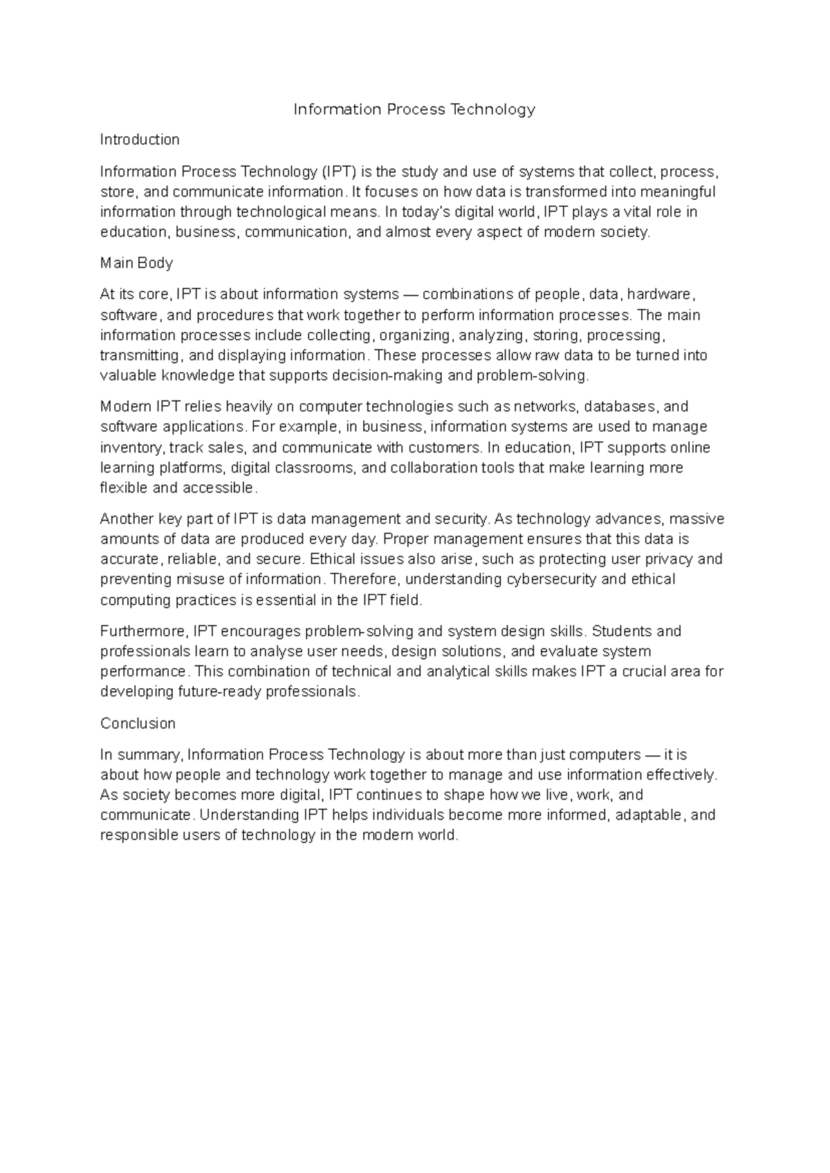IPT 101: Introduction to Information Process Technology Essay - Studocu
