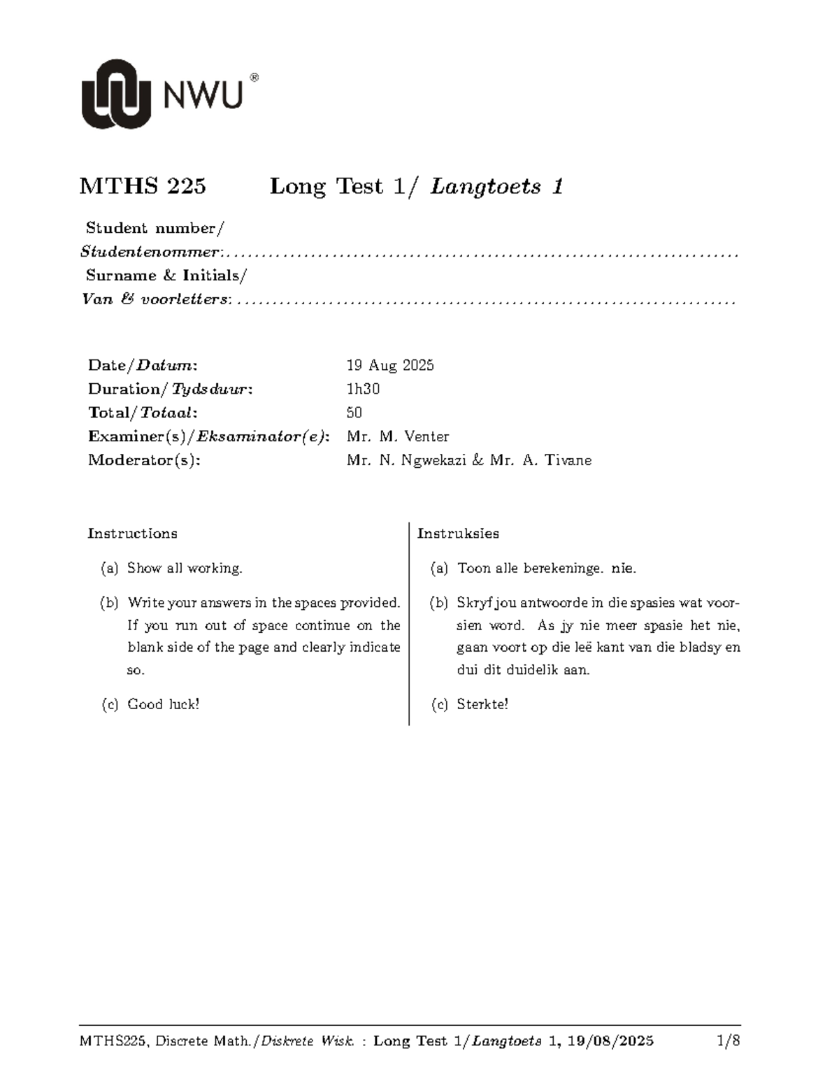 MTHS 225: Long Test 1 - Discrete Math. Overview and Questions - Studocu