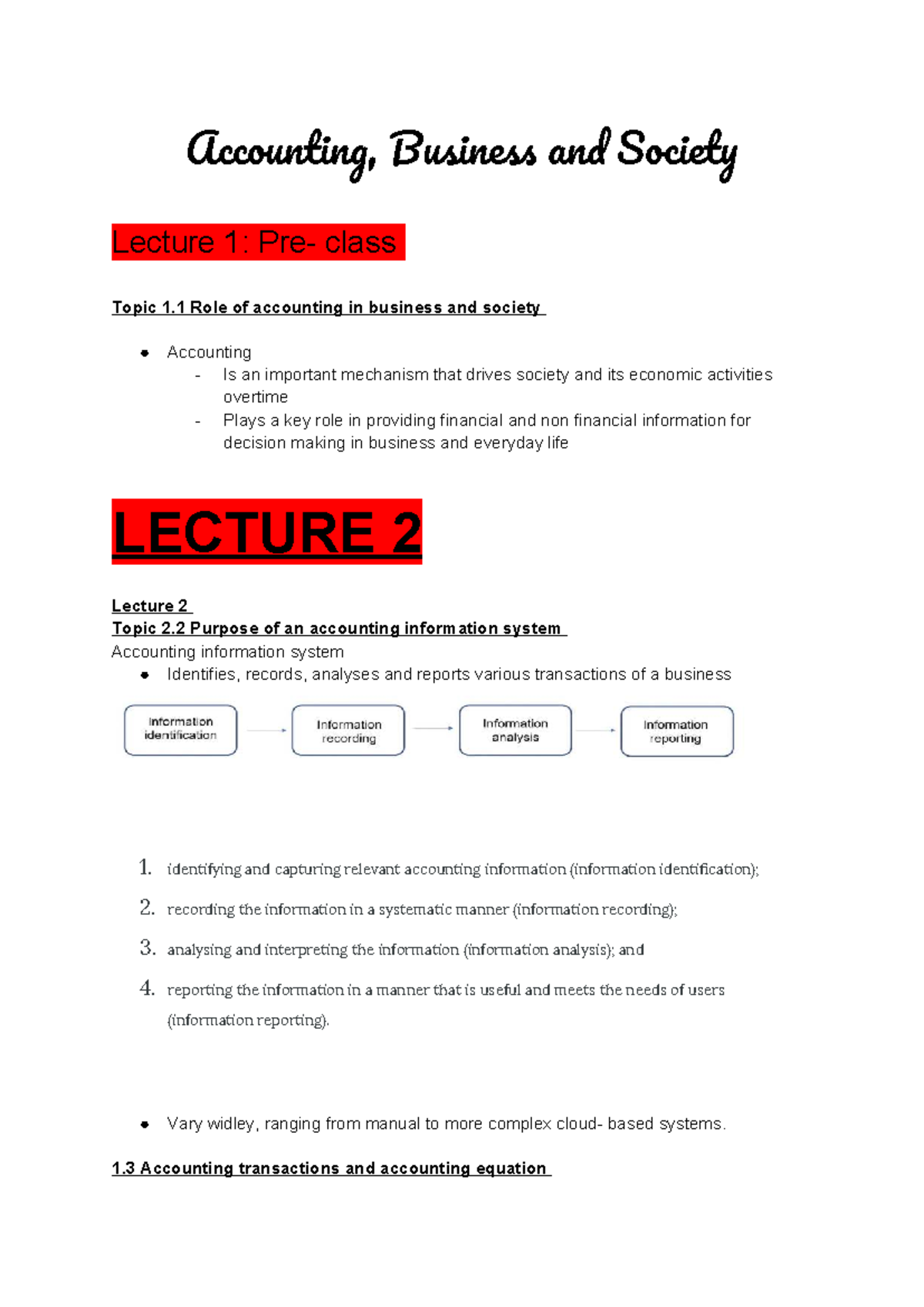 ACC 101: Lecture 1 & 2 - Role of Accounting in Business & Society - Studocu