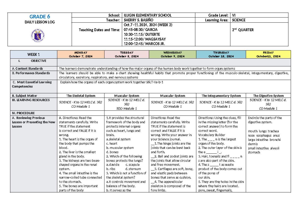 Q2 Wk2 Science 6 - Daily Lesson Log on Human Body Systems - Studocu