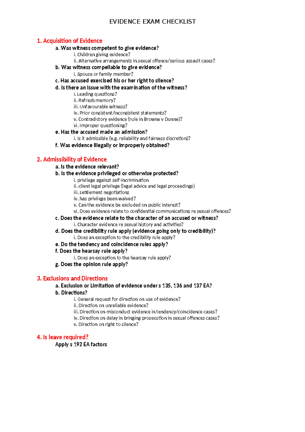 EVI - Evidence Exam Checklist Summary for Admissibility and Exclusions ...