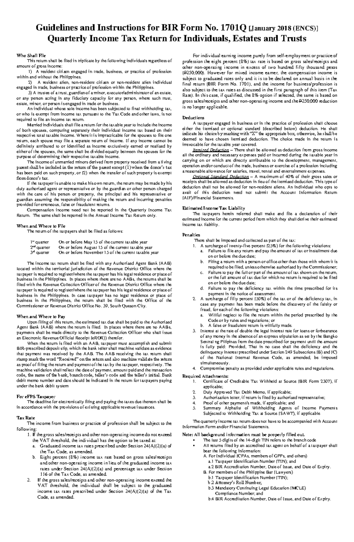 BIR Form No. 1701Q 2018 Guidelines for Quarterly Income Tax Return ...