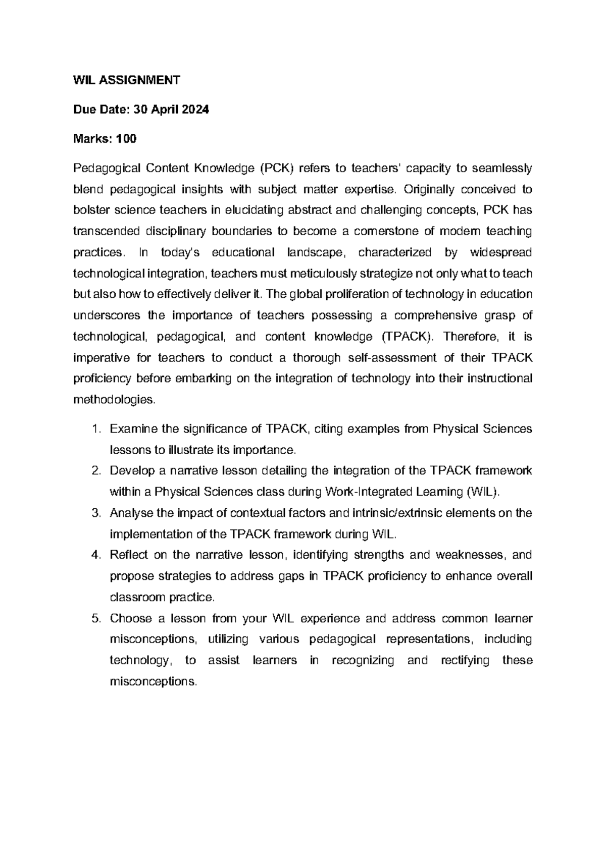 WIL Assignment: Integrating TPACK in Physical Sciences - Due April 2024 ...