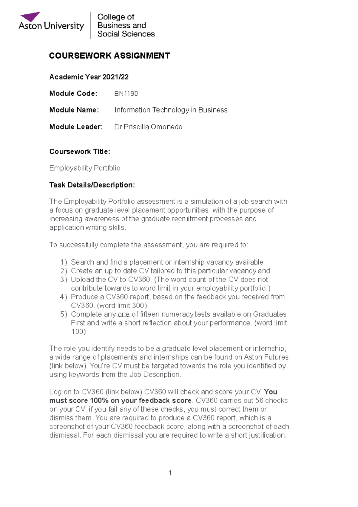 Employability Portfolio Coursework Guide BN1190 Academic Year 2021 ...
