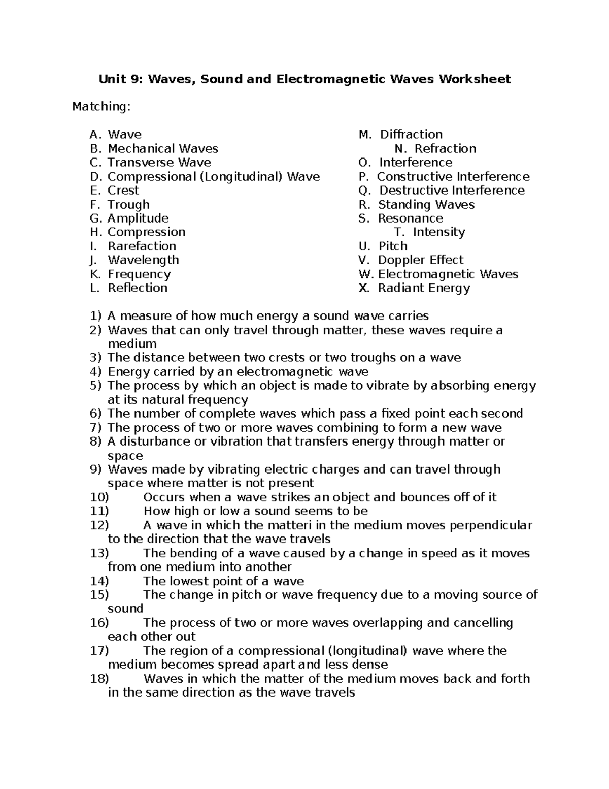 Unit 9-Waves Sound and Electromagnetic Waves Worksheet - Unit 9: Waves ...
