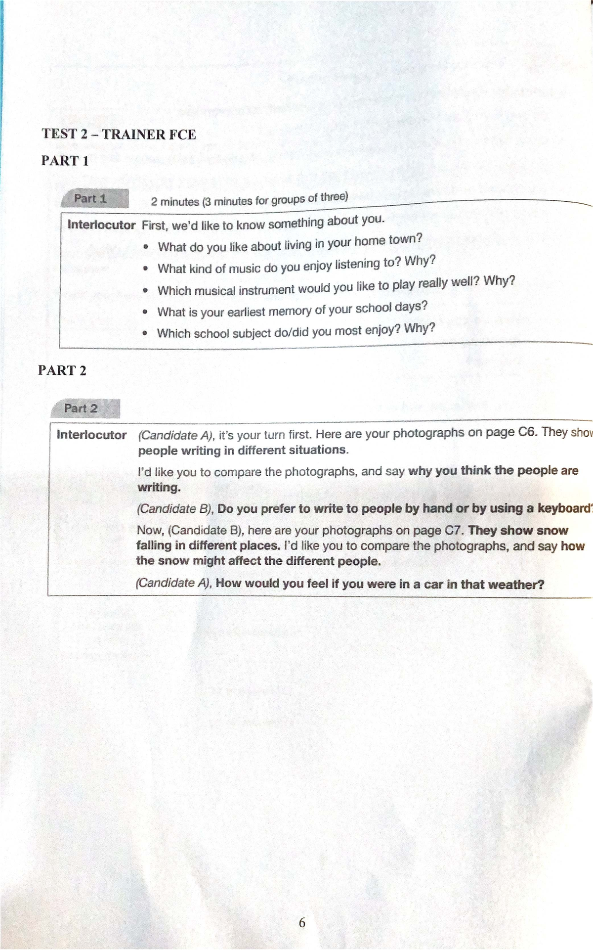 Test 2 - FCE Speaking Practice: Interlocutor Questions and Tasks - Studocu