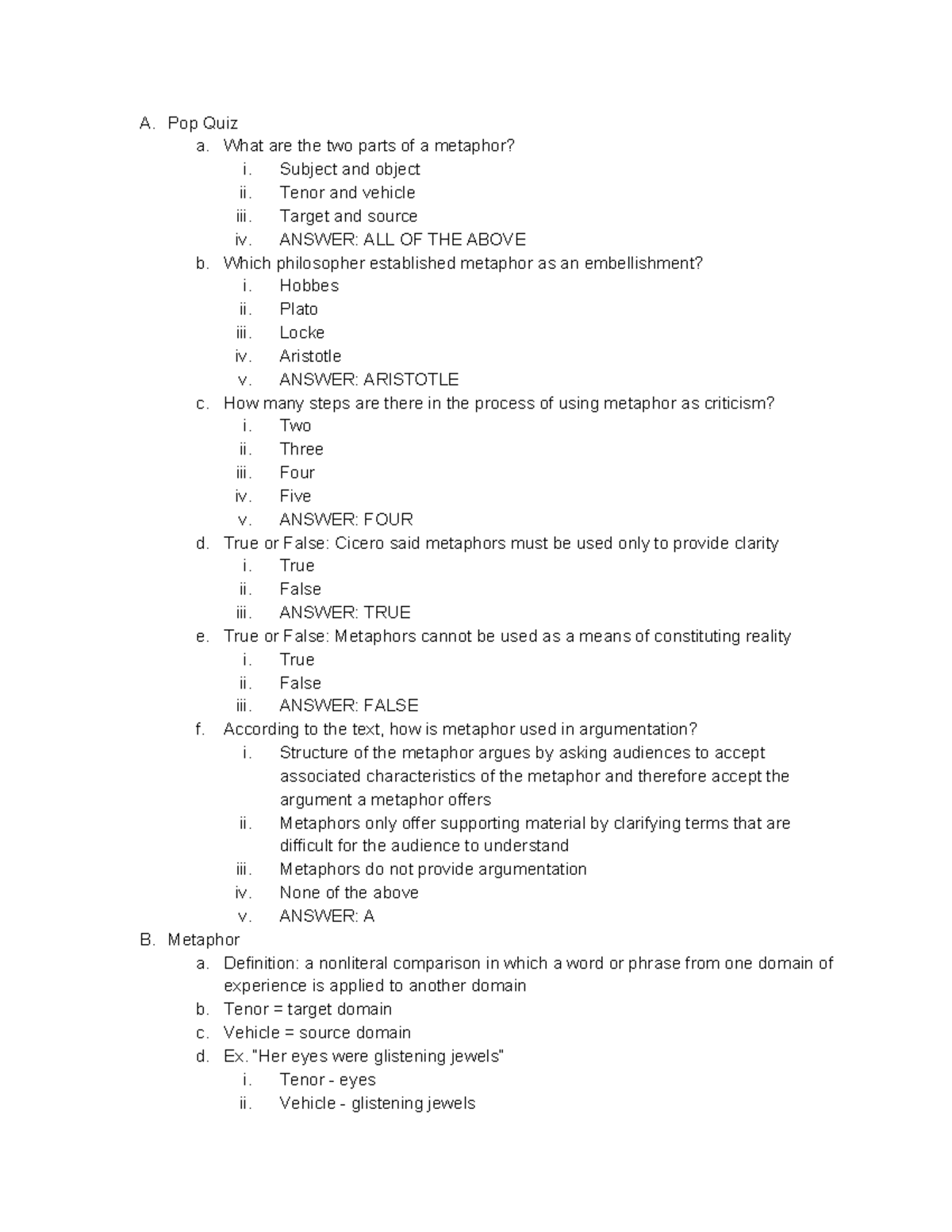 COMM 662 - Metaphor Criticism - A. Pop Quiz a. What are the two parts ...