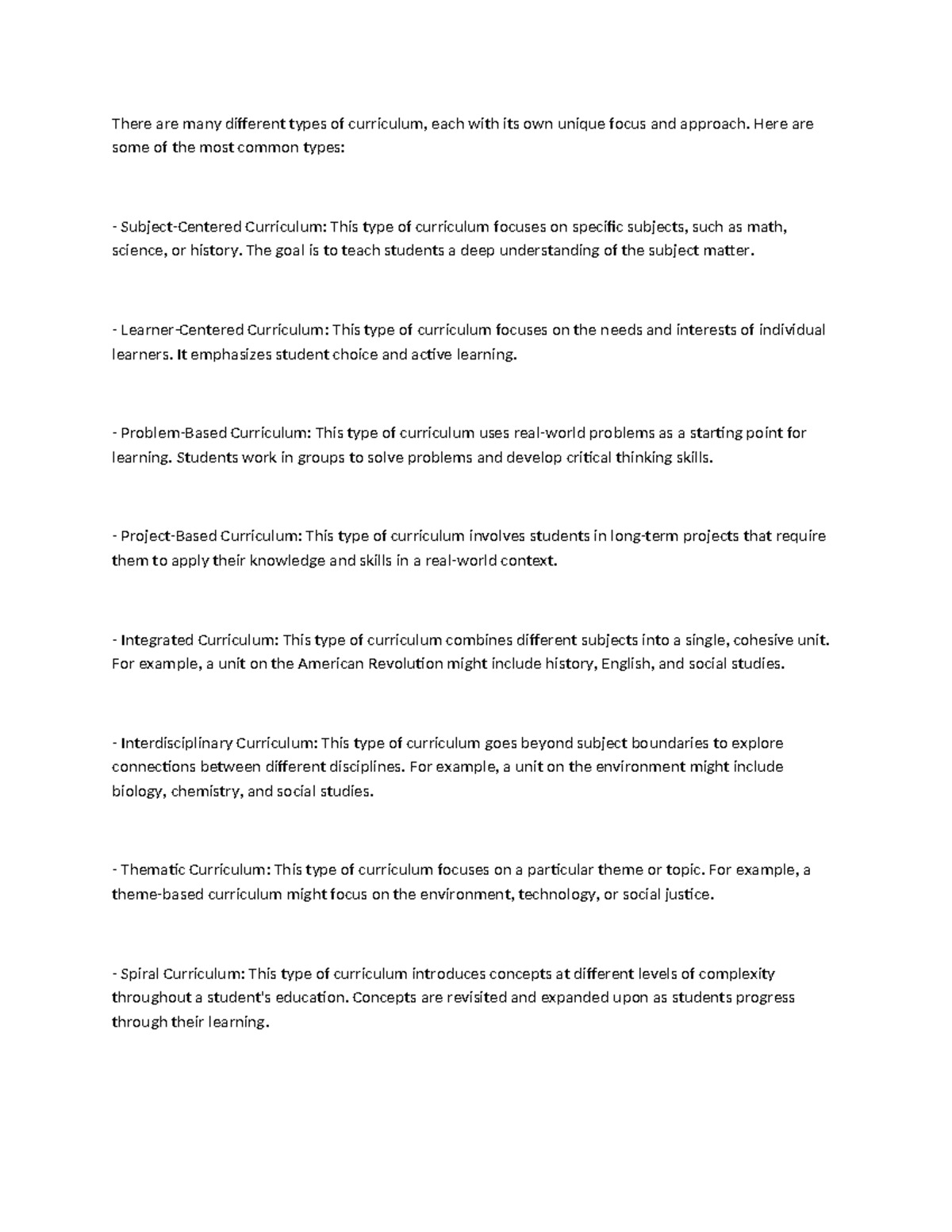 Curriculum - notes - There are many different types of curriculum, each ...