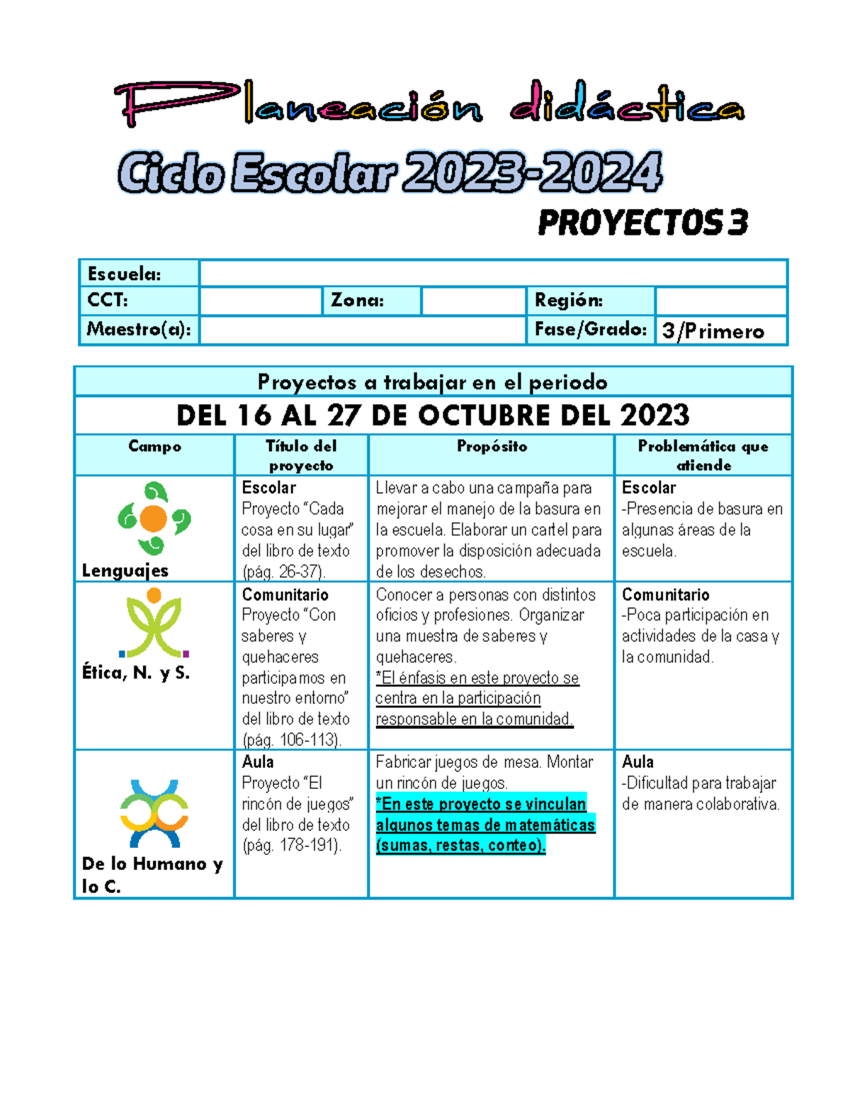 Planeación Didáctica para Primer Grado - Proyectos (Octubre 2023) - Studocu