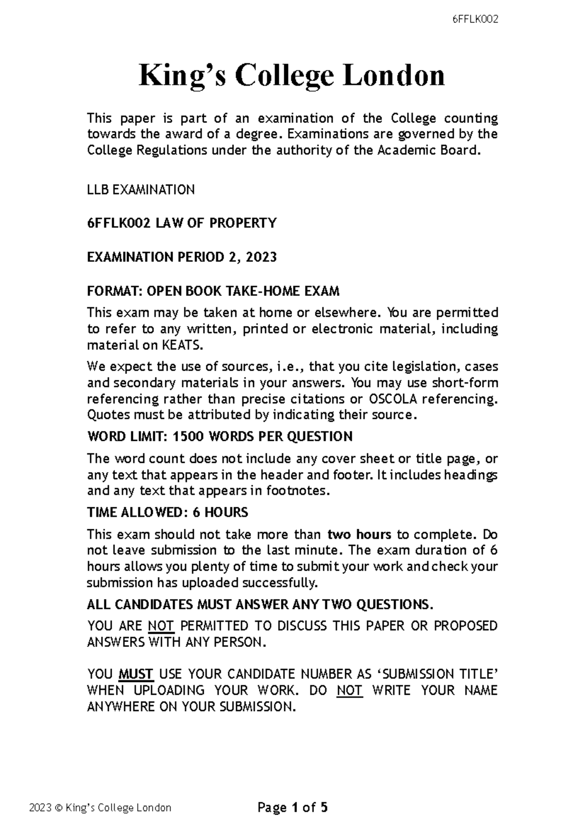 6FFLK002 Law of Property Take-Home Exam Paper, Period 2, 2023 - Studocu