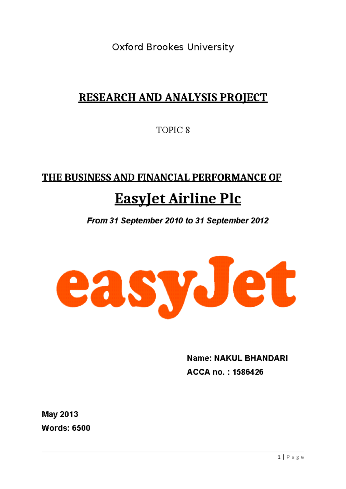 Nakul RAP - EasyJet essay - Oxford Brookes University RESEARCH AND ...