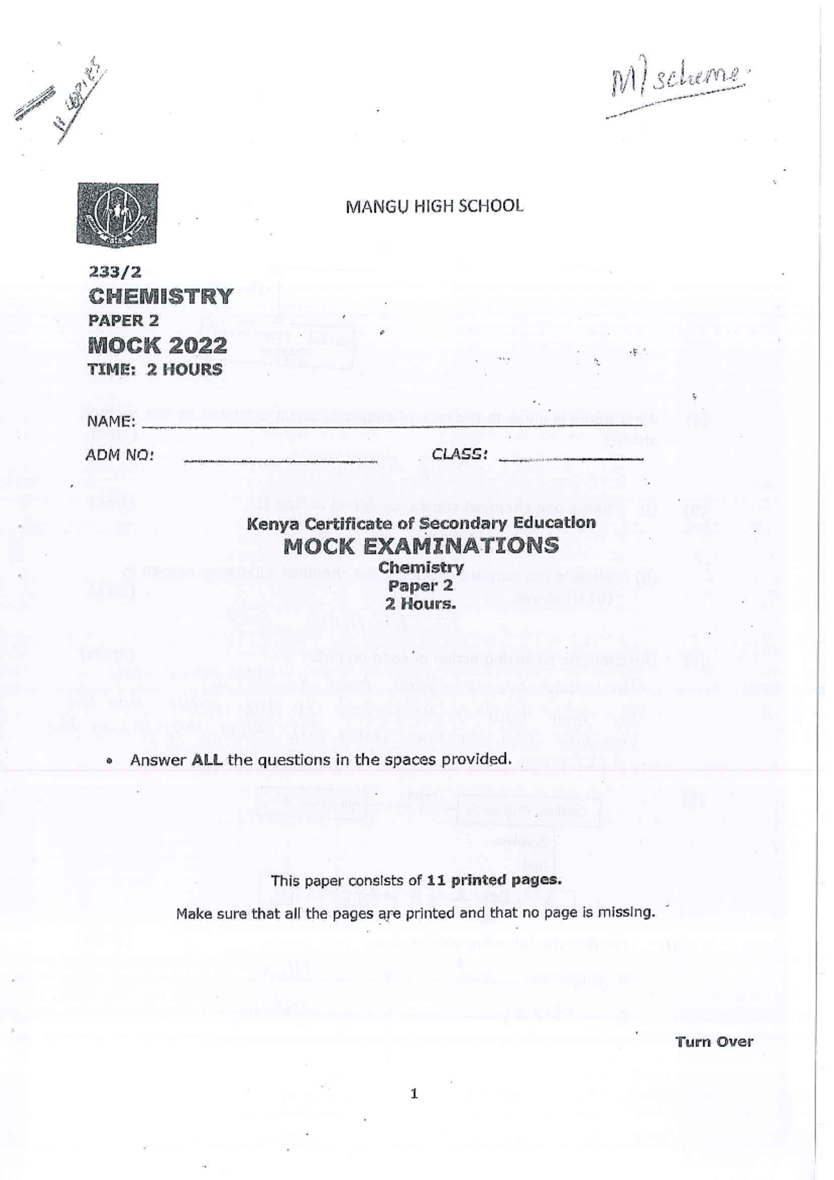 Chemistry Paper 2 Mock Exam 2022 - Mangu High School (KCSE) - Studocu