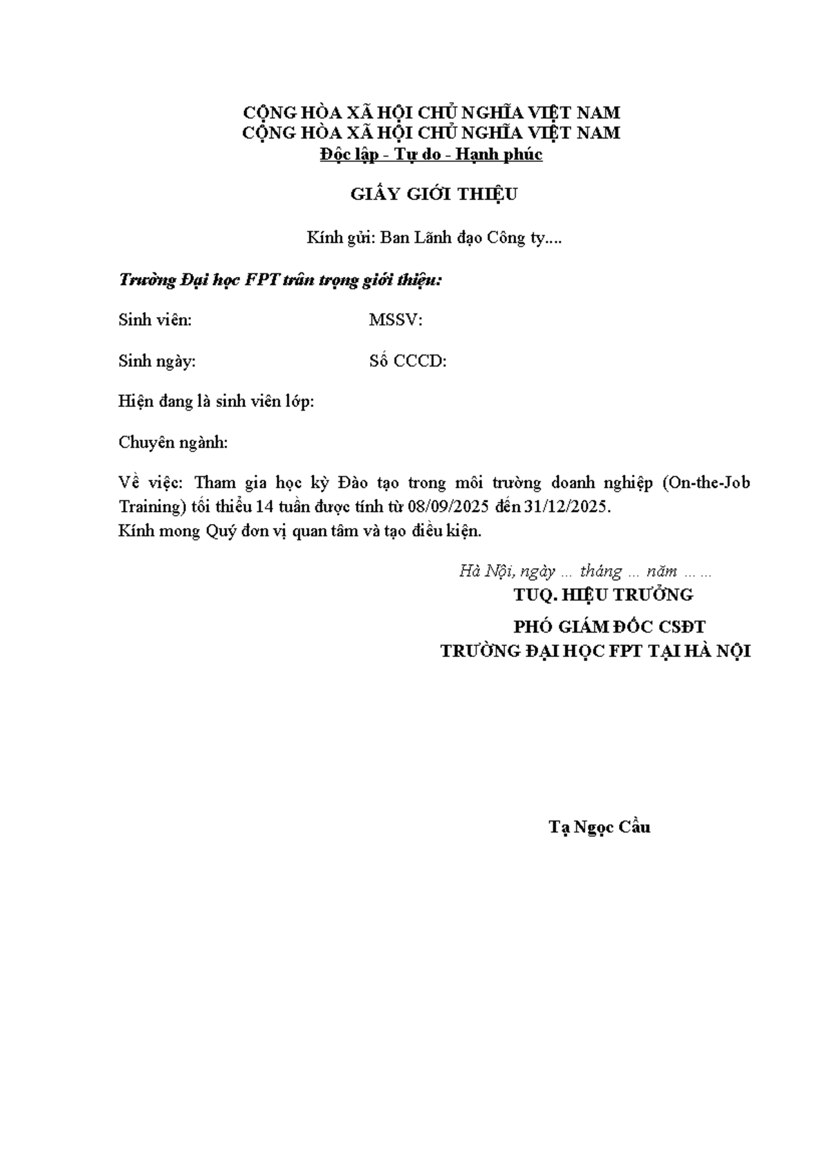 Giấy Giới Thiệu Tham Gia Học Kỳ OJT - Trường ĐH FPT - Document Preview