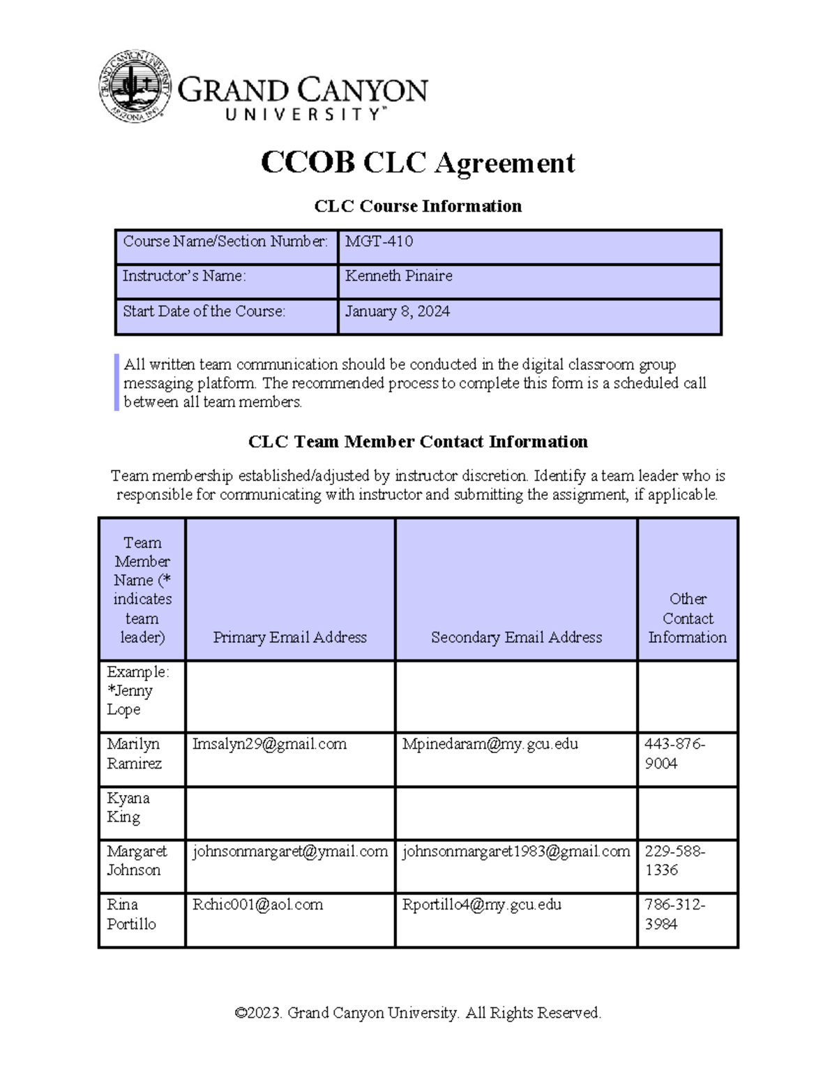 CCOB CLC Agreement Form - Team Communication and Collaboration Guide ...