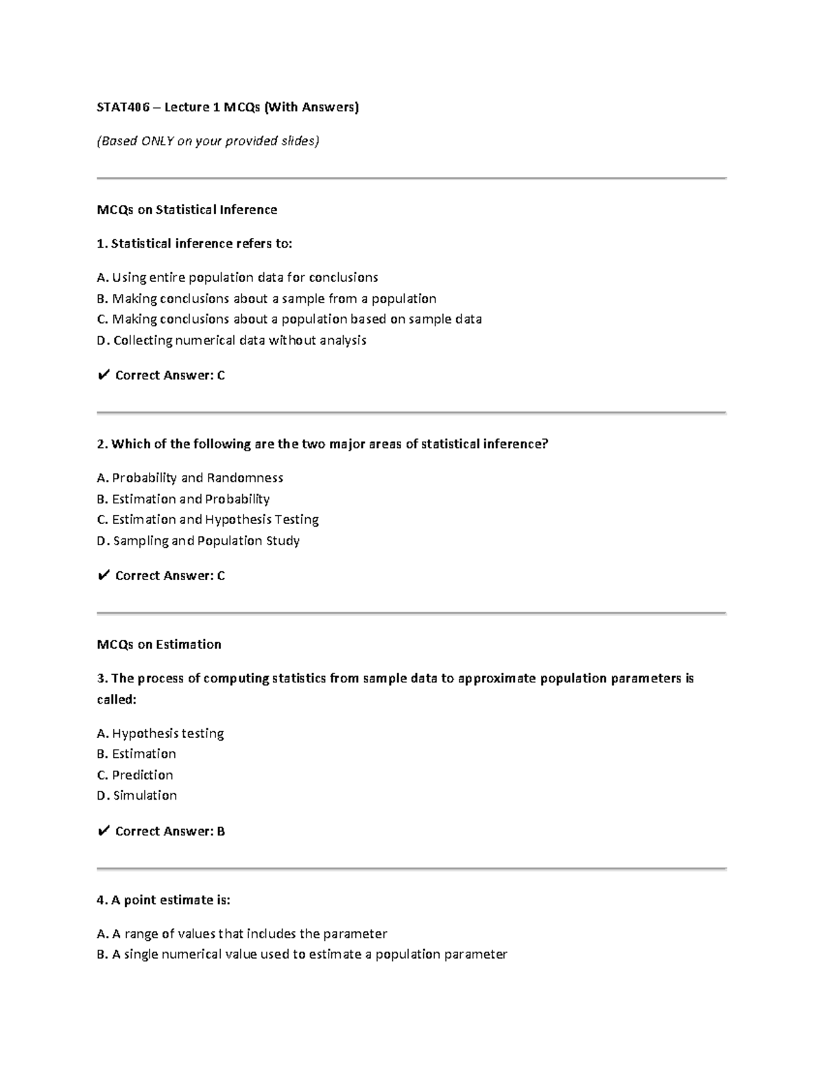 STAT406 Lecture 1 MCQs on Statistical Inference and Estimation - Studocu