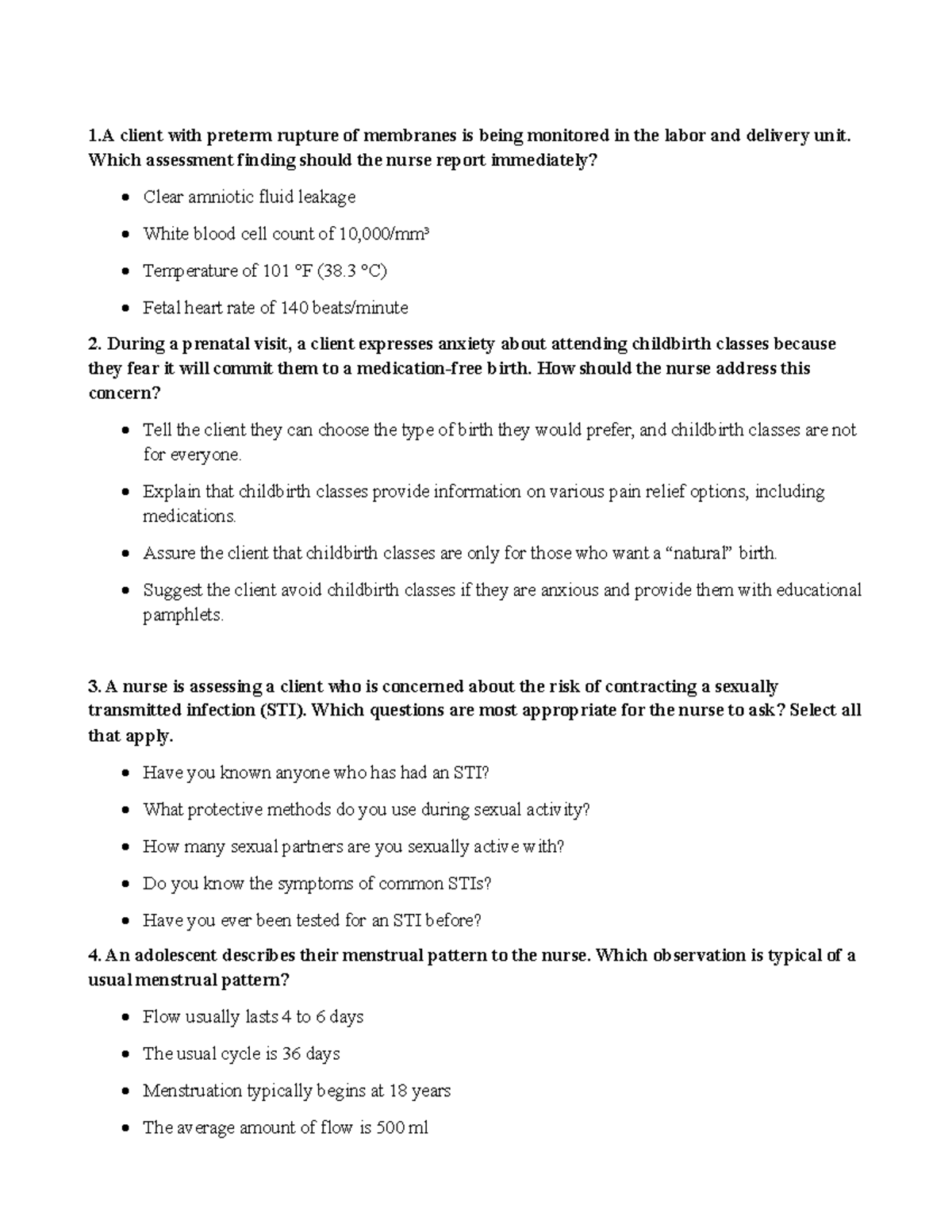 Maternal Exam 1 - Comprehensive Practice Questions for Nursing Students ...