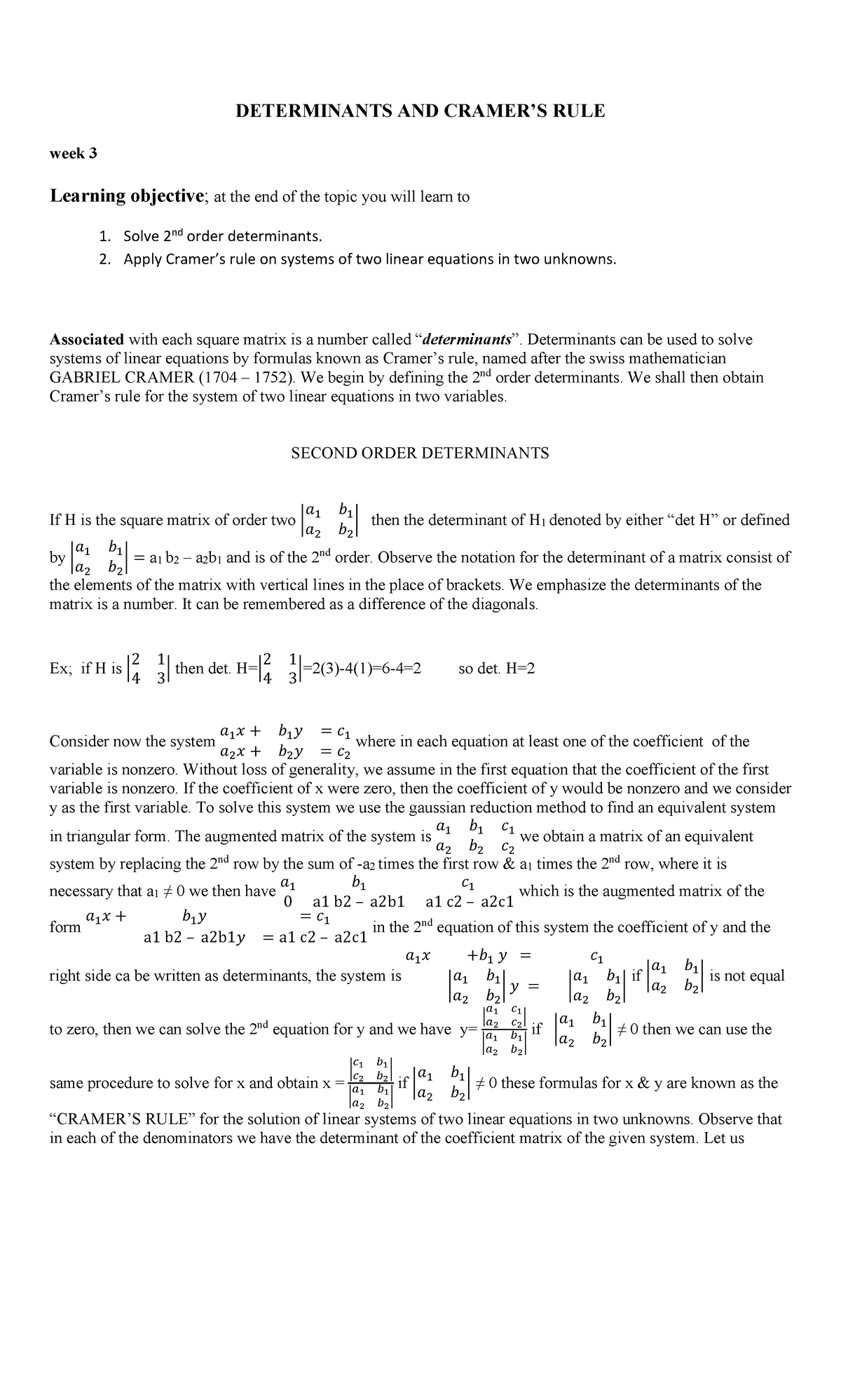 Math 123: Cramer's Rule for 2nd Order Determinants & Equations - Studocu