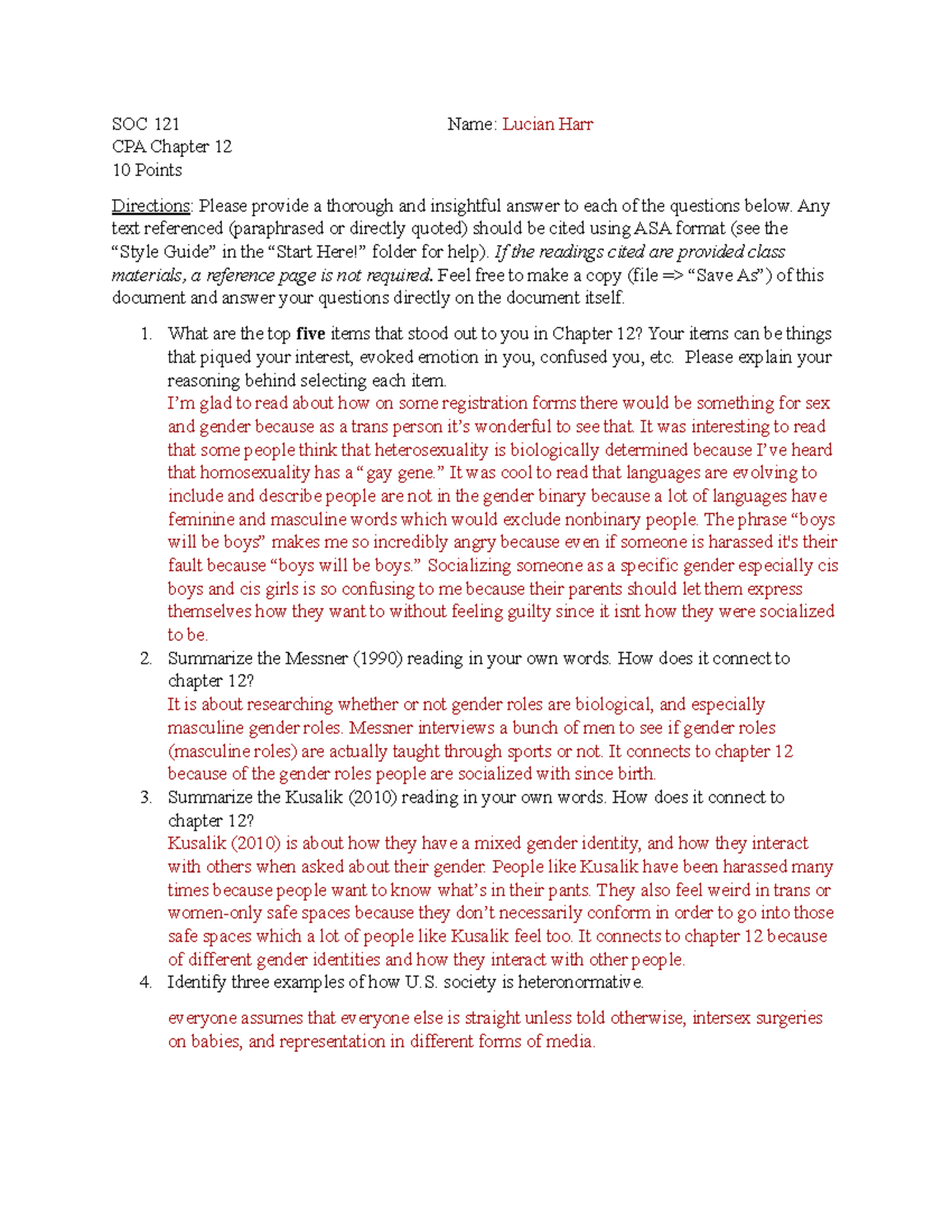 Chapter 12 - SOC 121 Name: Lucian Harr CPA Chapter 12 10 Points ...