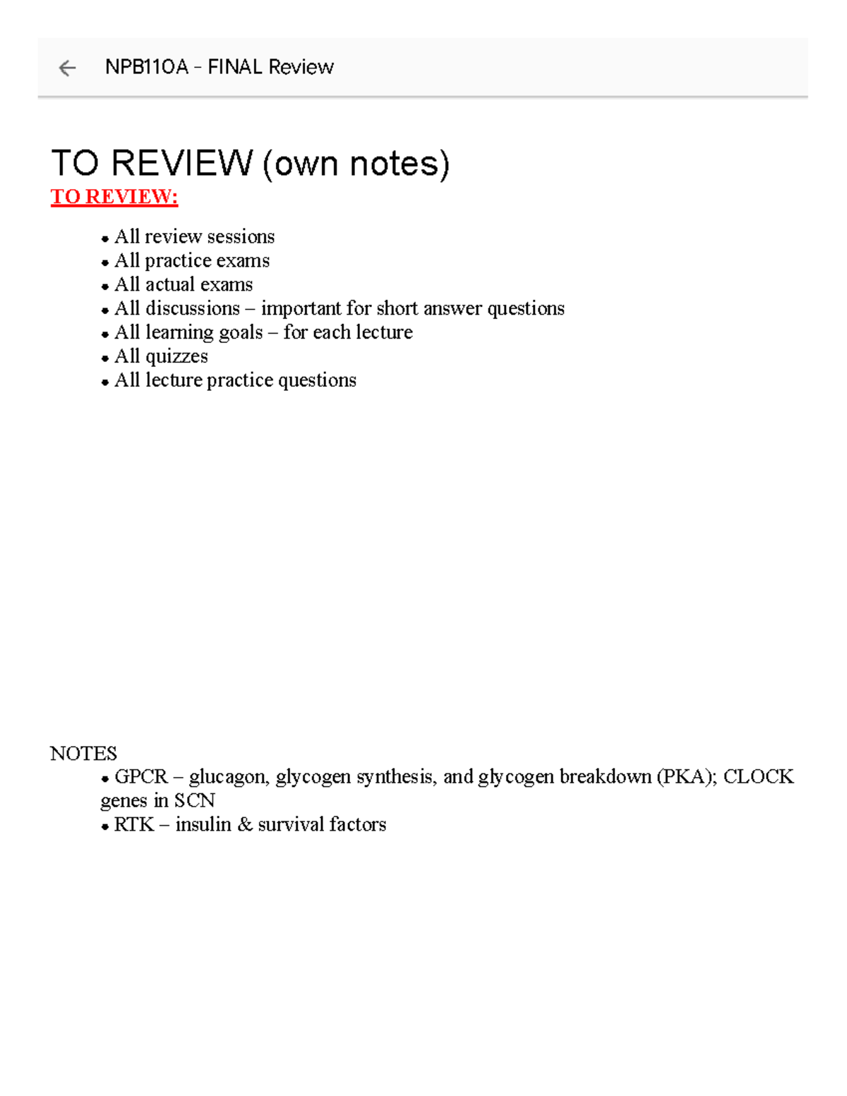 NPB110A Final Exam Review: Key Concepts and Notes - Studocu