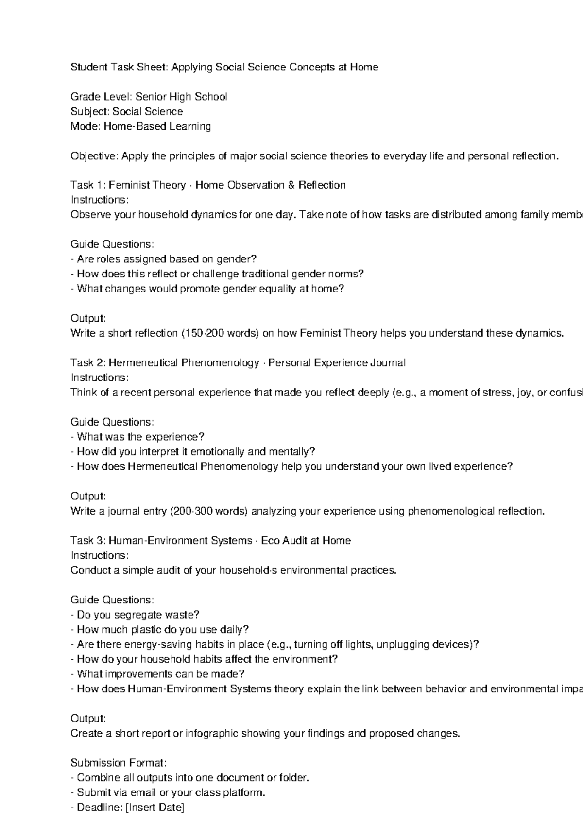 Social Science Task Sheet: Applying Theories at Home for Seniors - Studocu