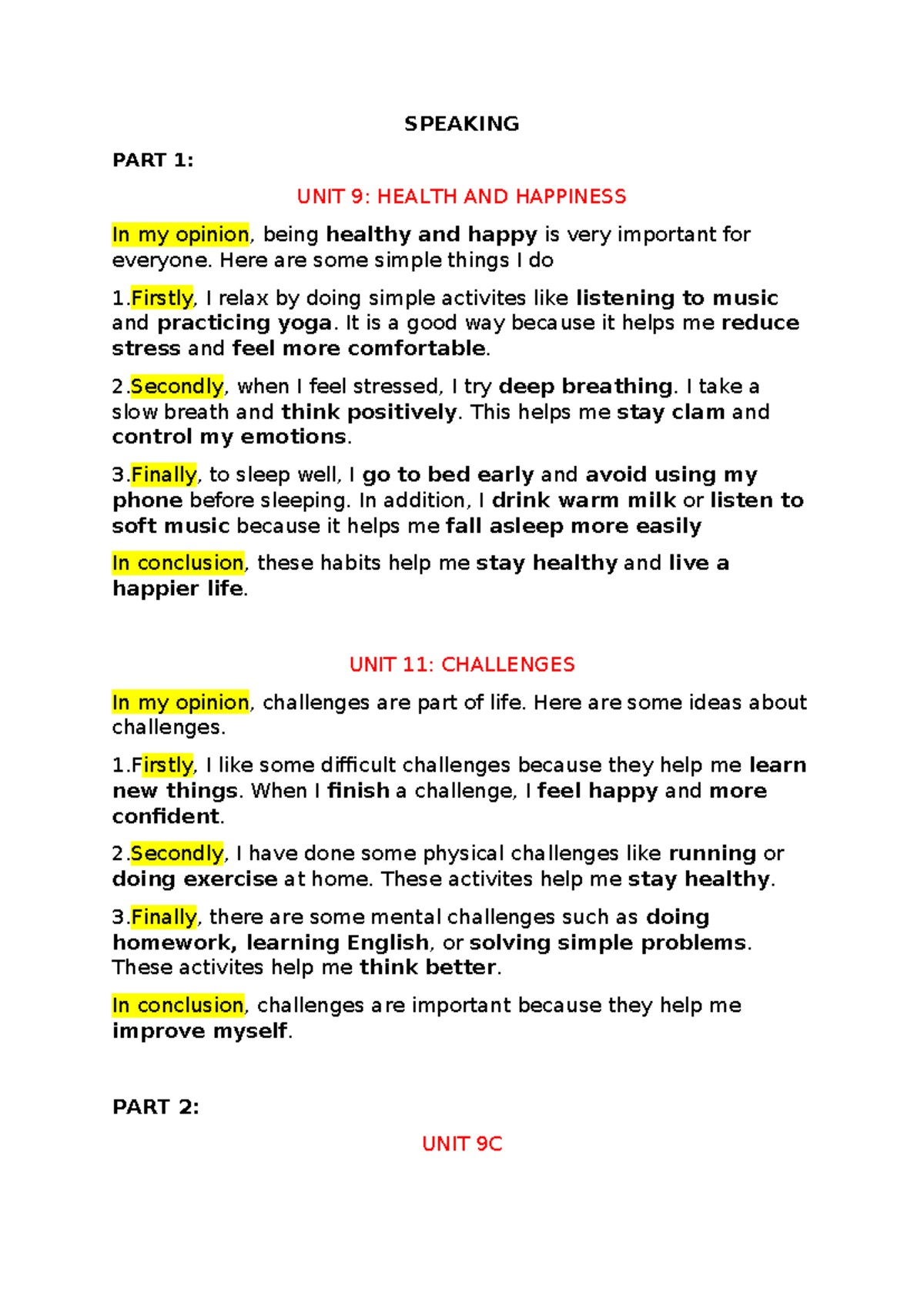 SPEAKING PART 1: UNIT 9 & 11 - HEALTH, HAPPINESS & CHALLENGES - Studocu