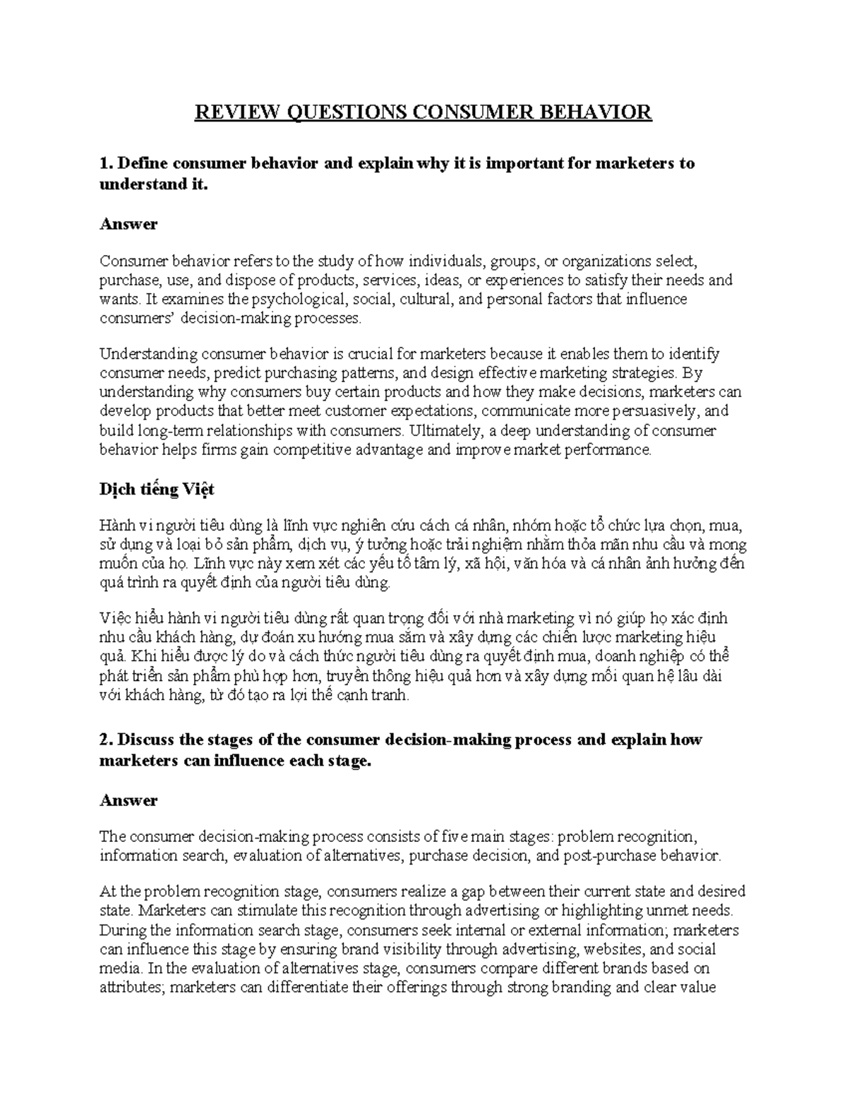 REVIEW QUESTIONS: CONSUMER BEHAVIOR ANALYSIS - Studocu
