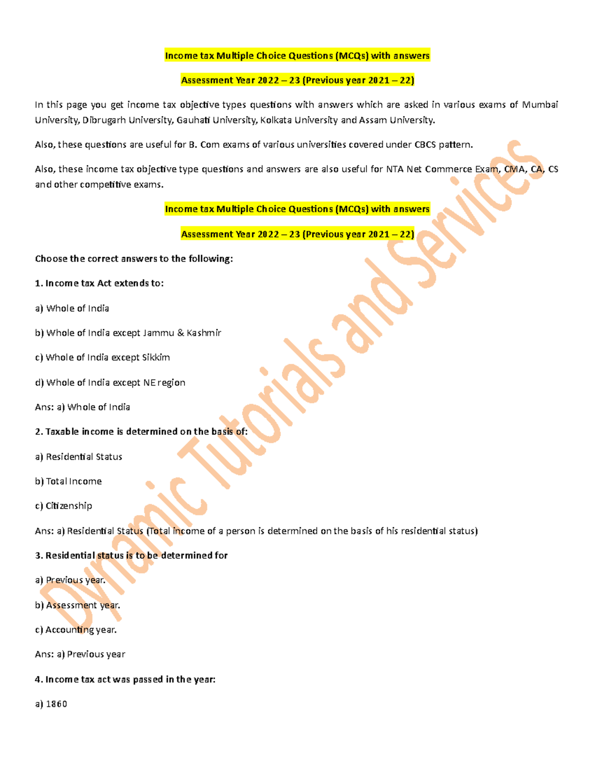 Income tax mcq PDF - trurt - Income tax Multiple Choice Questions (MCQs ...