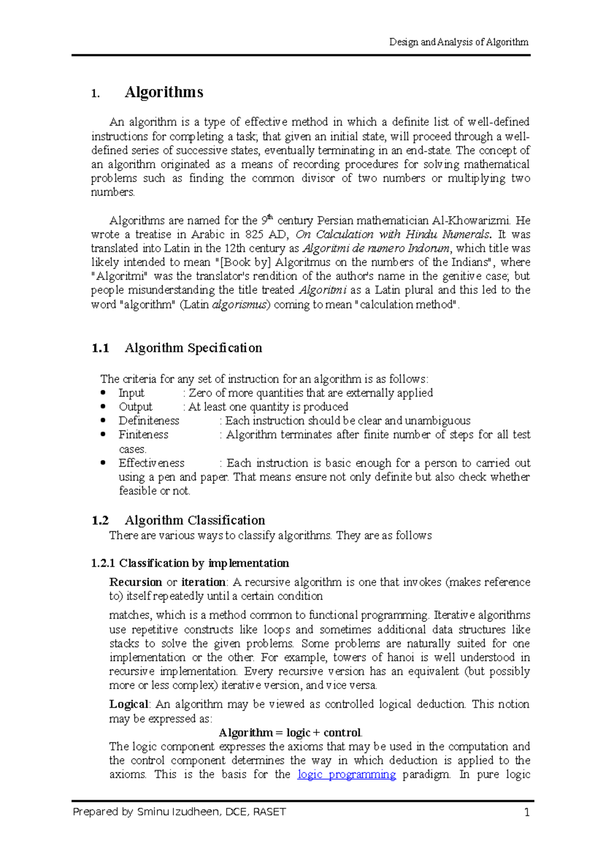 Module I - Lecture notes 1-7 - 1. Algorithms An algorithm is a type of ...