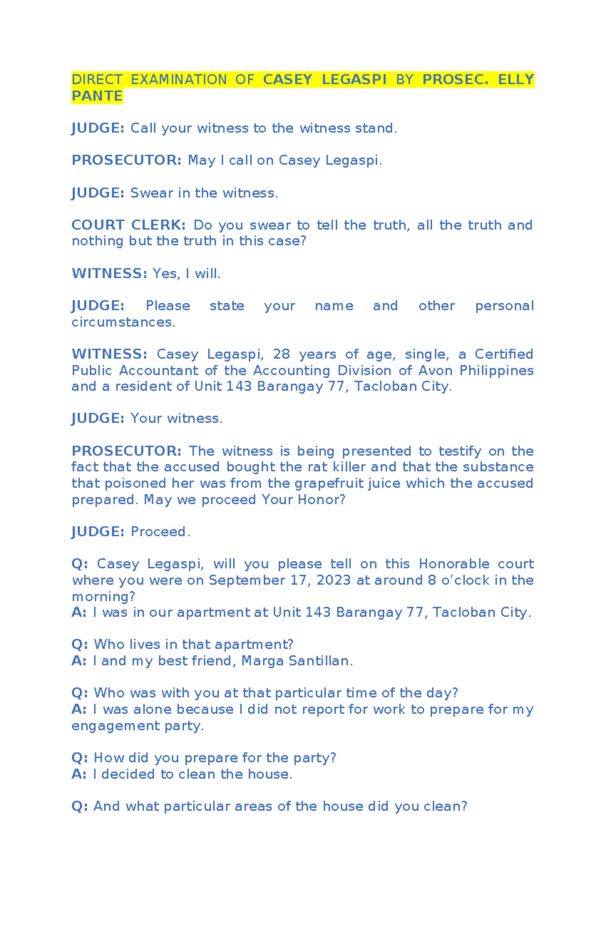 Direct Examination of Dr. Cherie Garcia - Medical Jurisprudence Exam ...