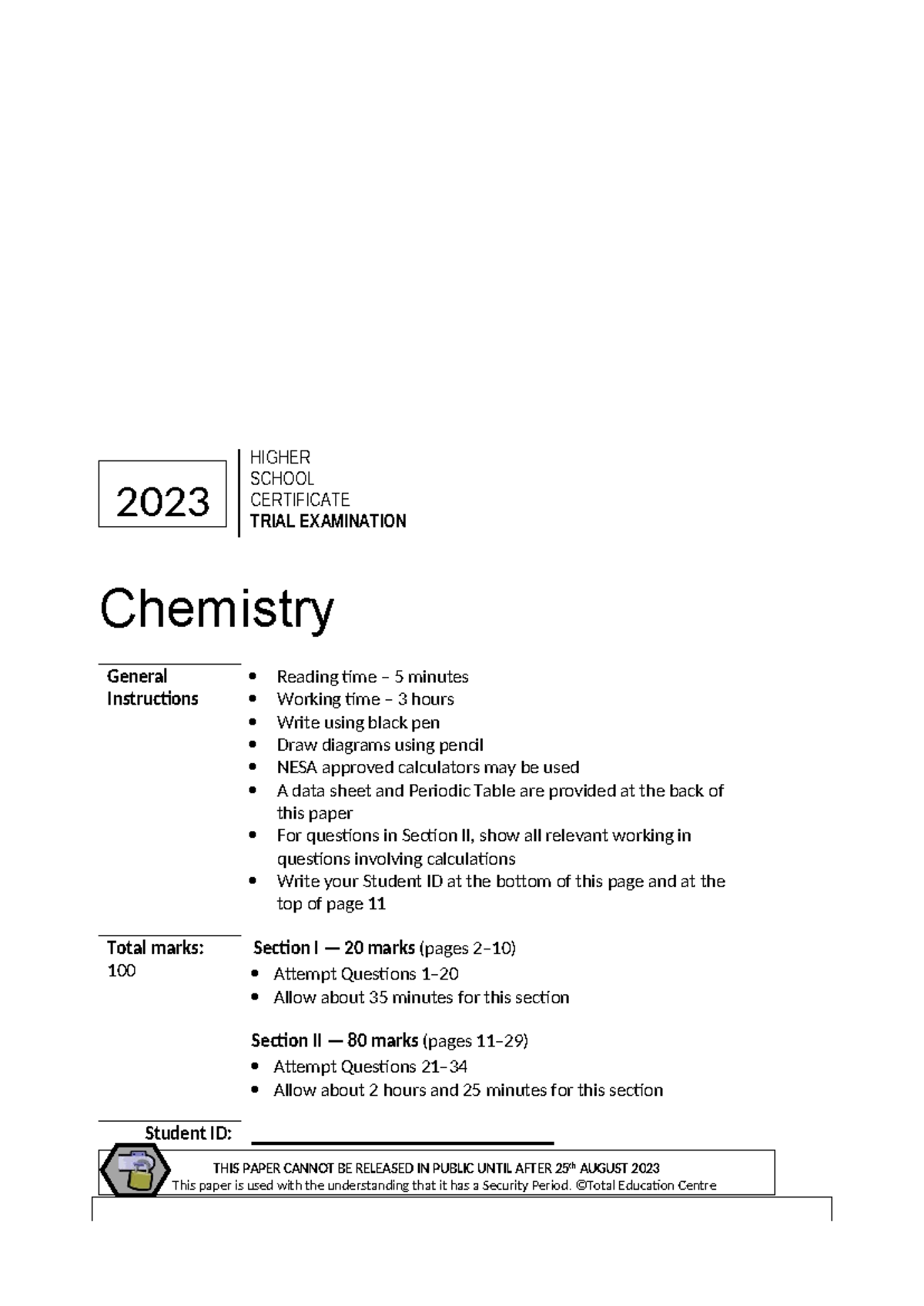 2023 HSC Trial Exam Chemistry - General Instructions & Questions - Studocu