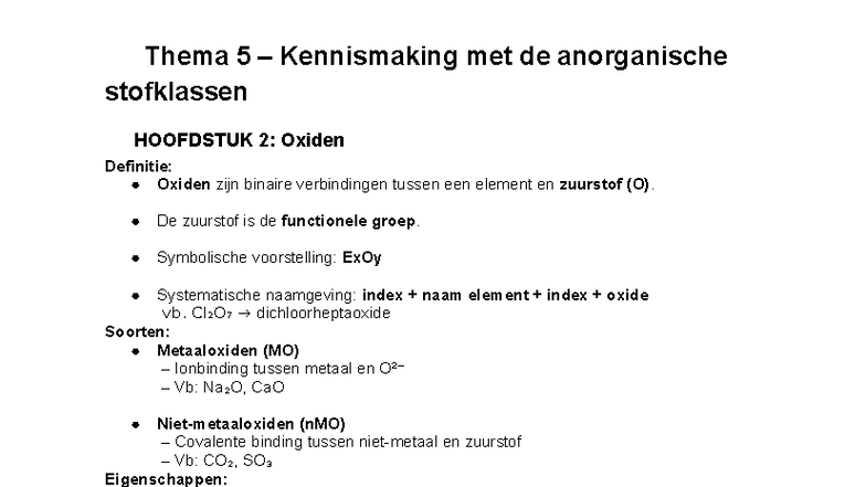 Thema 5: Anorganische Stofklassen - Oxiden, Hydroxiden en Zuren - Studocu