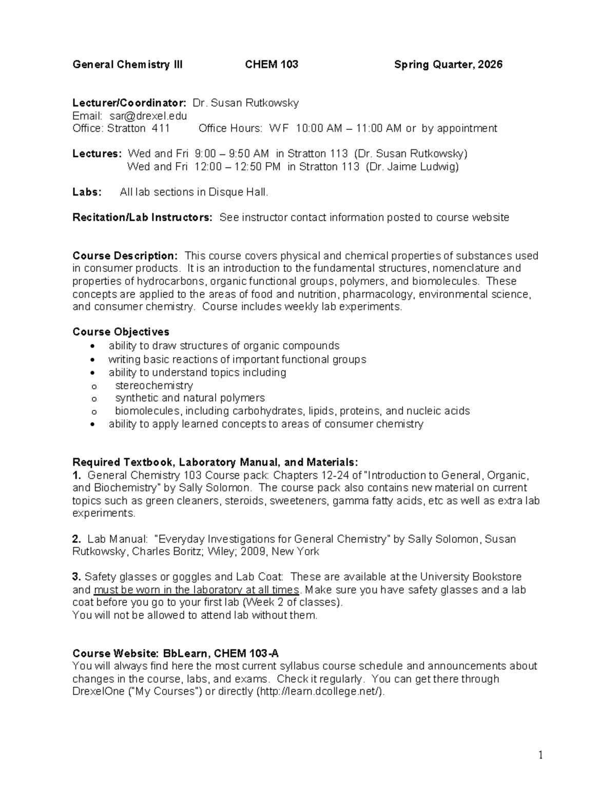 Course Syllabus for General Chemistry CHEM 103 - Spring 2026 - Studocu