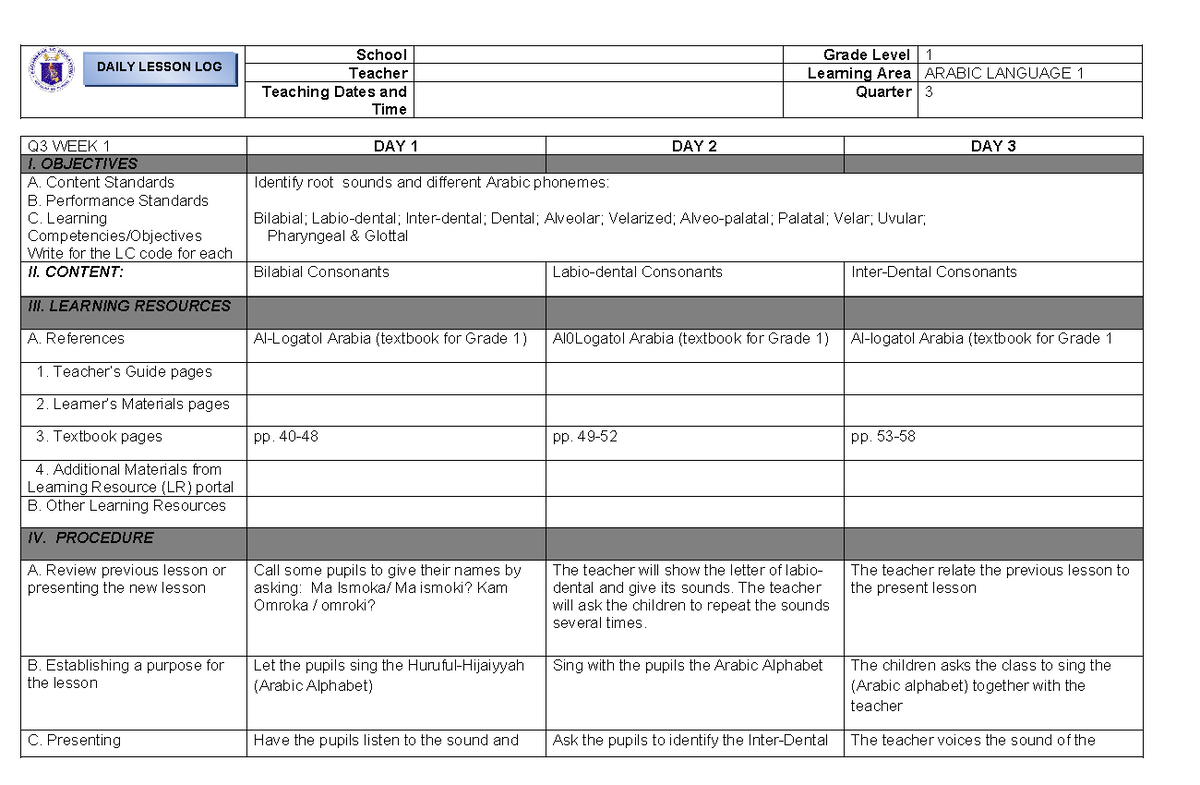 Arabic Language 1 - Q3 Daily Lesson Log for ALIVE/MEP Teachers - Studocu