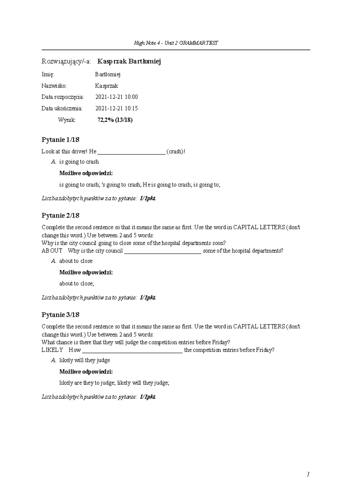 High Note 4 Unit 2 GRAMMAR TEST Answers by Bartłomiej Kasprzak - Studocu