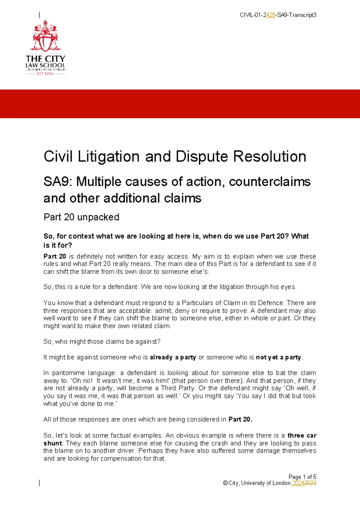 Civil Litigation and Dispute Resolution SA9: Part 20 Procedure Overview ...