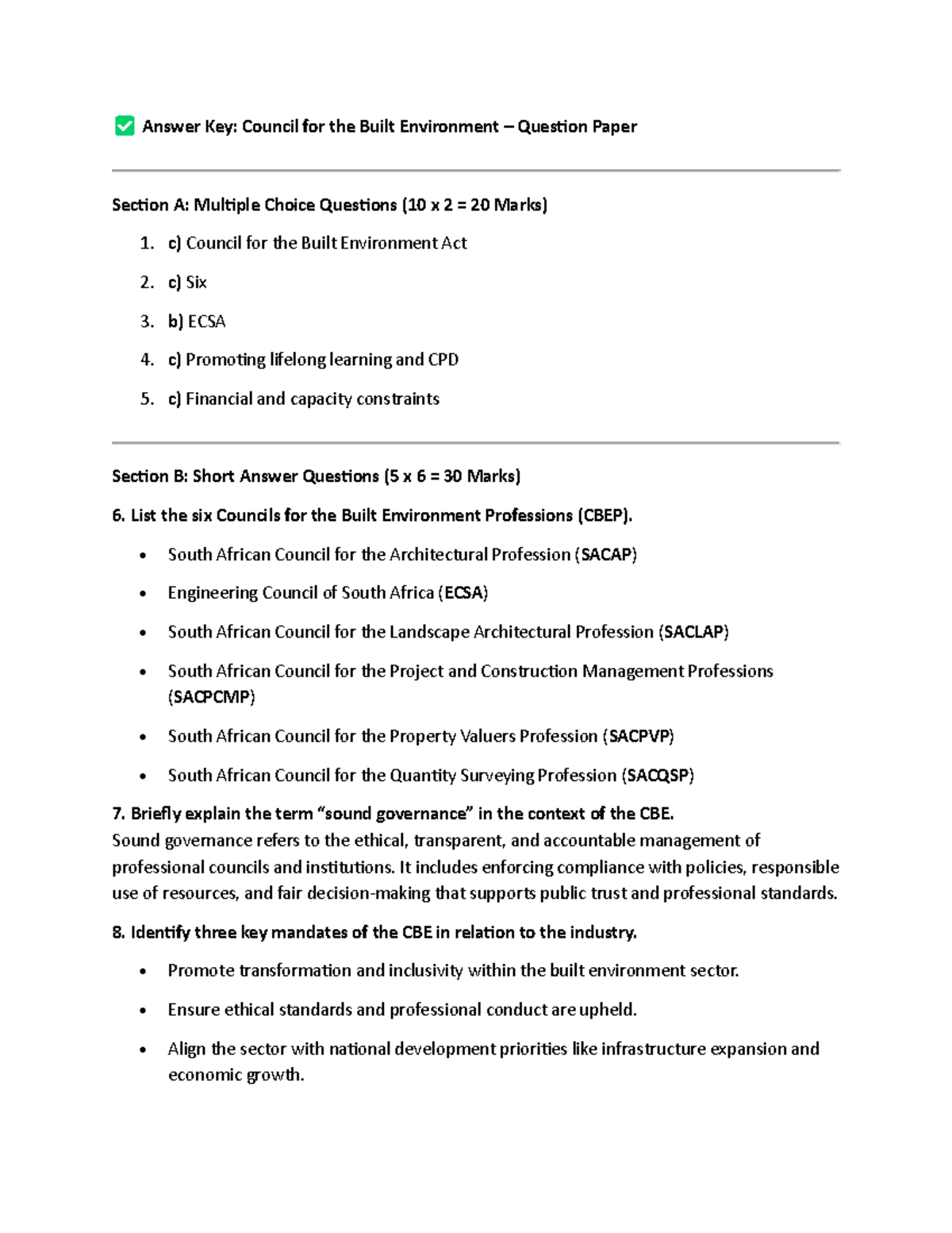 Answer Key: CBE Question Paper Memo - MCQs & Short/Long Answers - Studocu