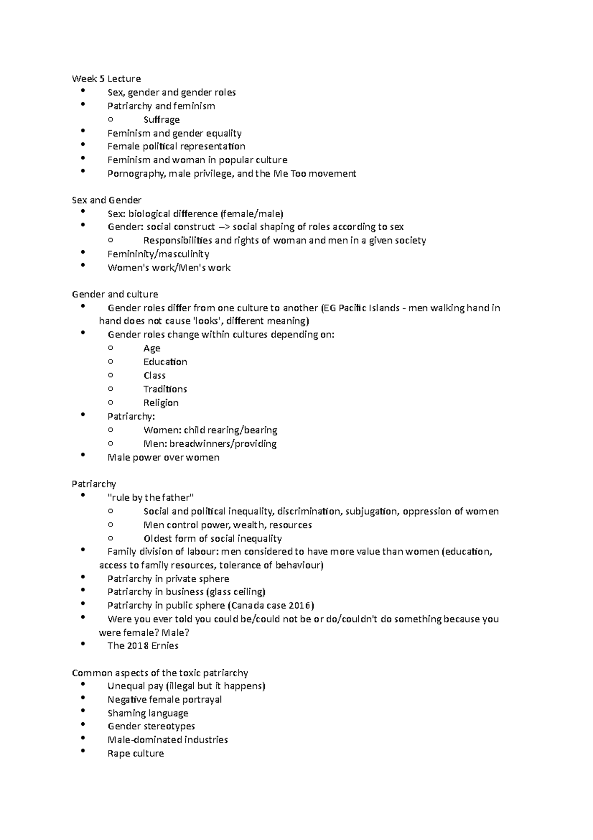 Gender and Politics Lecture Notes - Week 5 Analysis and Insights - Studocu